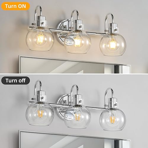 Miniatura 5 de Lámparas de baño de cromo pulido, 3 luces, apliques de pared con globo transparente, lámpara de montaje en pared para espejo, cocina, porche, sala