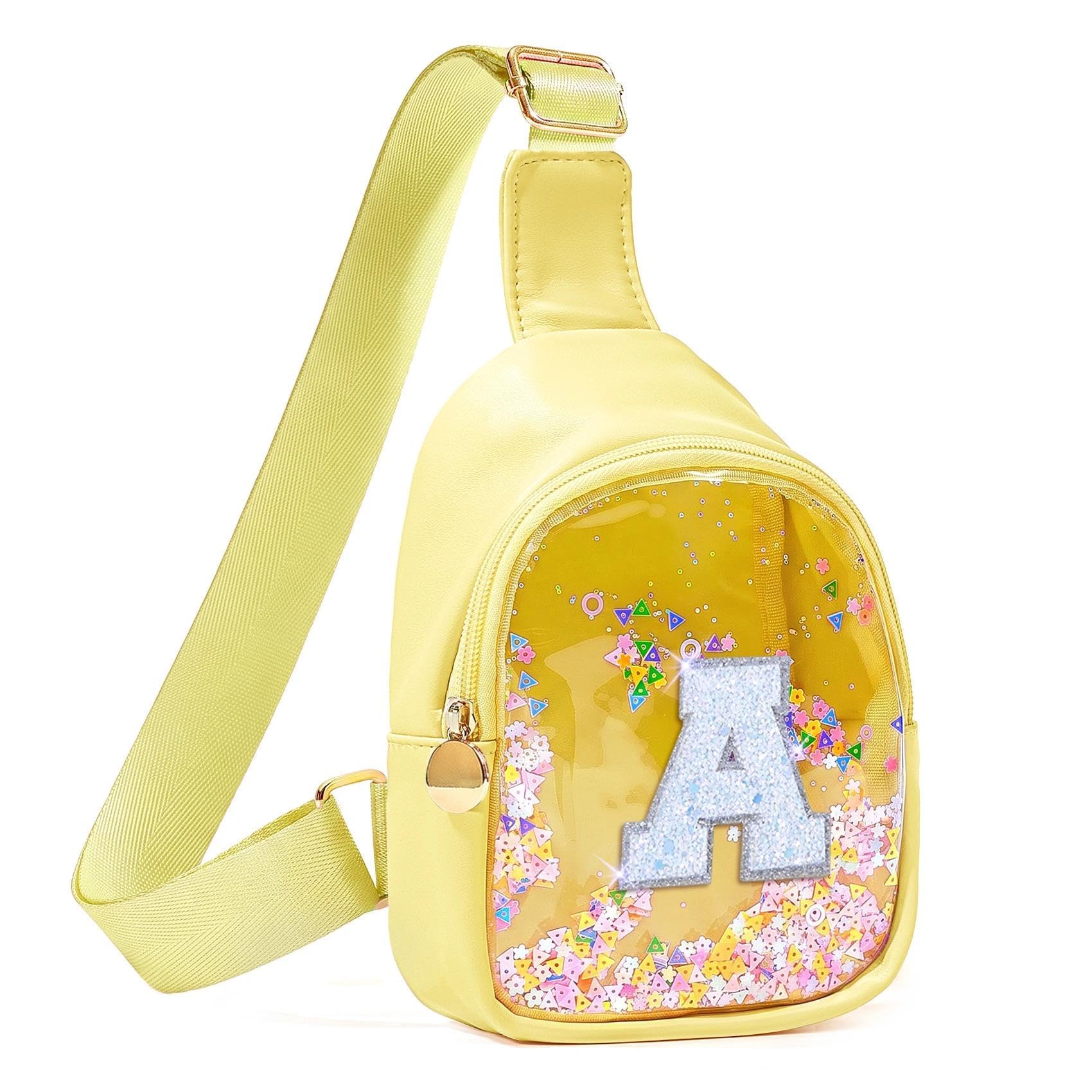 COSHAYSOO Personalized Christmas Birthday Gifts Burr Basket Stuffers for Girls Yellow Purse Sling Bag Crossbody Girl Cute Funny Cool Mini Travel Fashion Accessories Monogrammed Initial Letter A