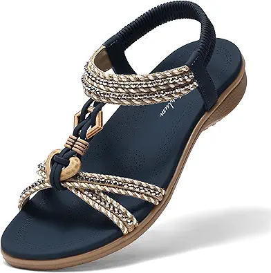 Littleplum Womens Sandals Arch Support Summer Flat Slides Ankle Elastic Walking Shoes Braided Beach Dressy Sandals for Women