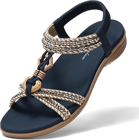Littleplum Womens Sandals Arch Support Summer Flat Slides Ankle Elastic Walking Shoes Braided Beach Dressy Sandals for Women