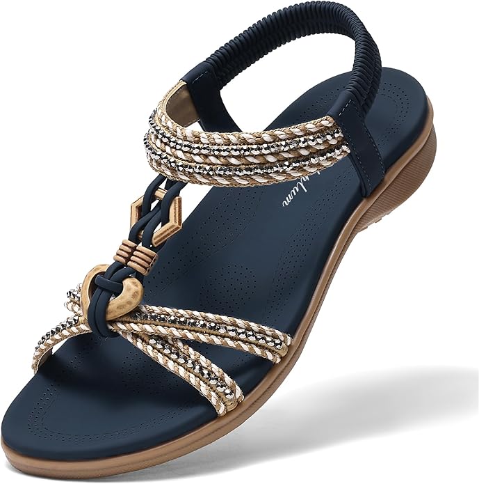 Littleplum Womens Sandals Arch Support Summer Flat Slides Ankle Elastic Walking Shoes Braided Beach Dressy Sandals for Women