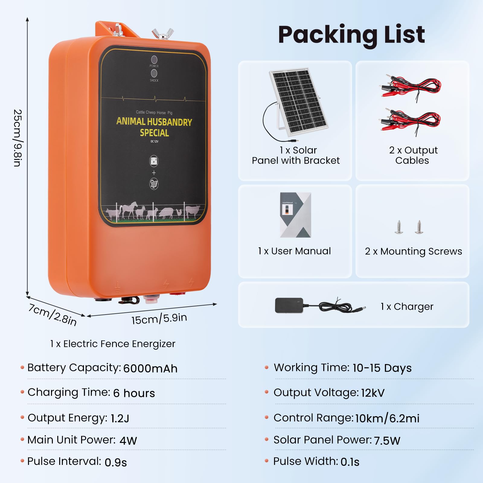 Electrificador de Cerca Solar 10km, 1.2J 12kV Cargador de Cerca Recargable con Panel Solar & Adaptador AC, IP65 Impermeable para Ganado, Granja, Pastizal, Aves de Corral