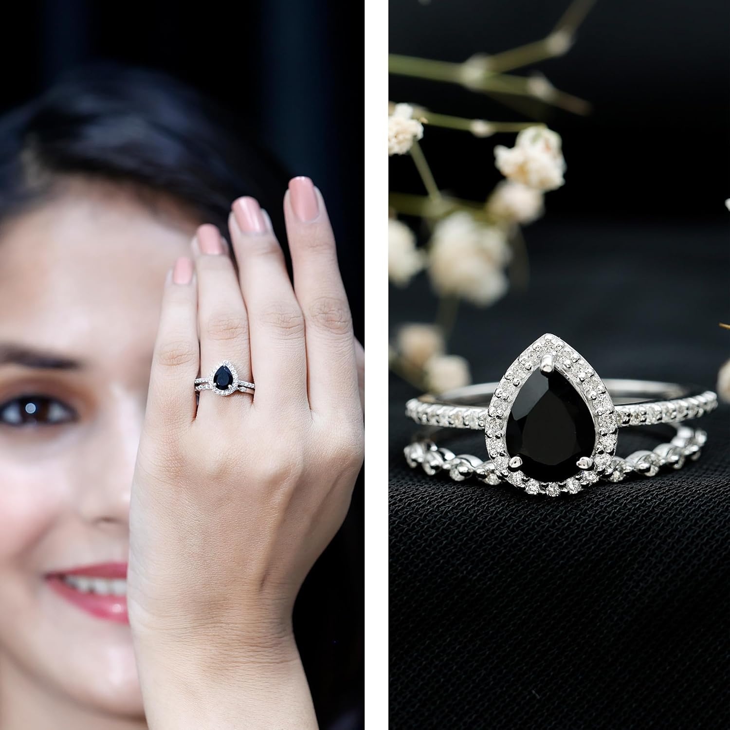 Genuine 1.7 Carat Black Onyx Bridal Ring Set, Aaa Quality, Certified Onyx Teardrop Engagement Ring With Diamond Band