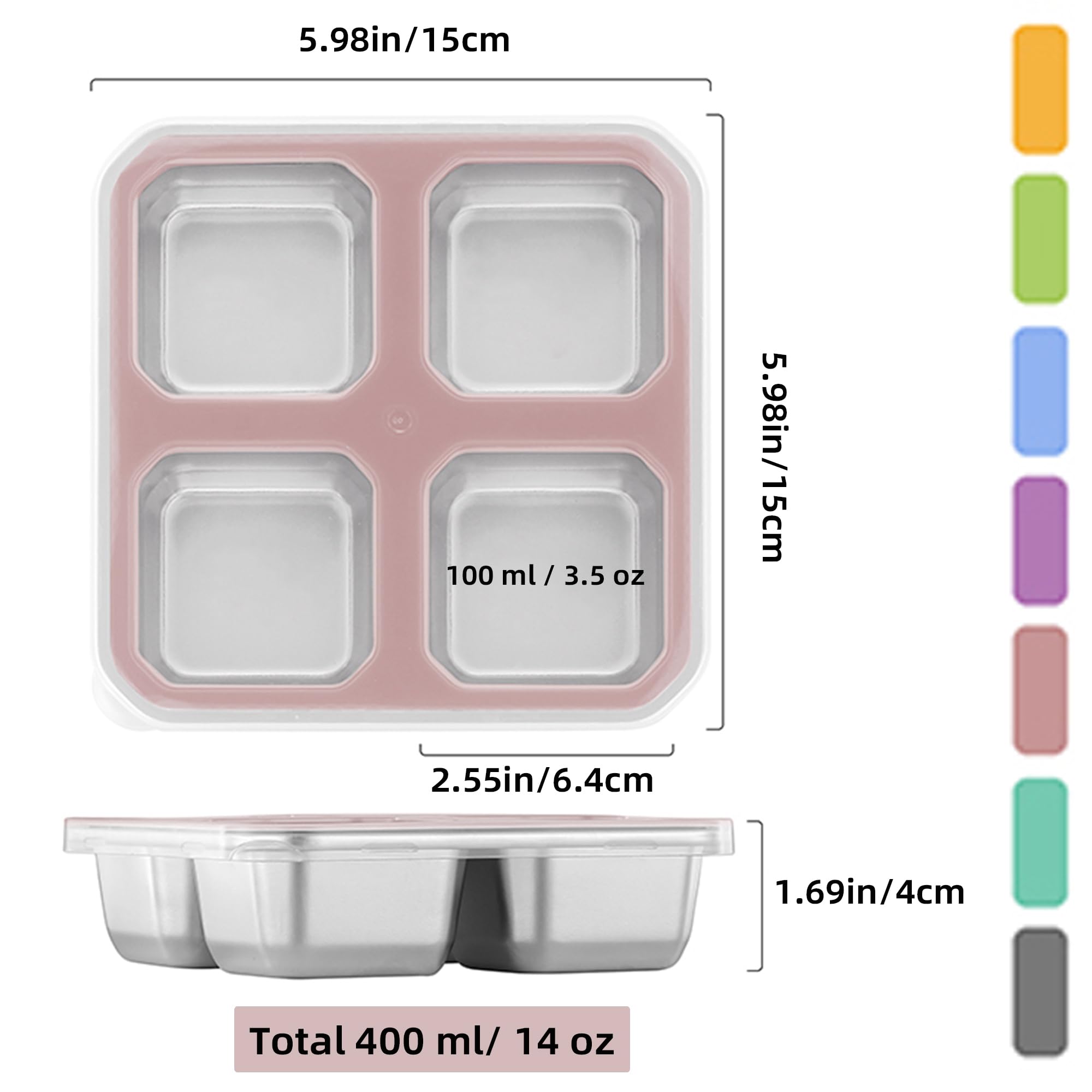Misichao Snackbox mit 4 Fächern Edelstahl, 400ml Snackdose für Kinder & Erwachsene, Wiederverwendbare Lunchbox Bento Box mit Fächern für Schule, Arbeit & Camping