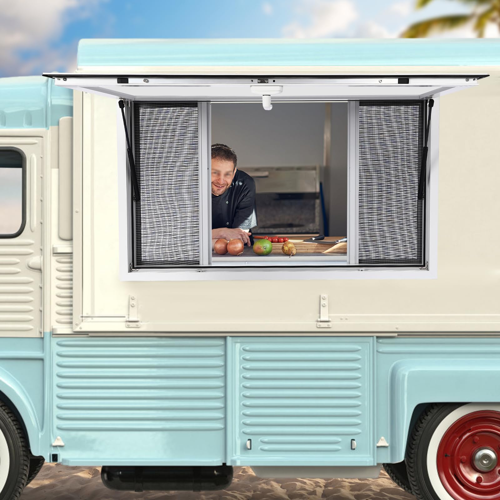 Concession Window, 48 x 30in Concession Stand Serving W-indow for Food Truck with 4 Screens, Aluminum Alloy Food Truck Service Window, Double Waterproof Strips, Maximum Angle of 80°, Wall Mounted