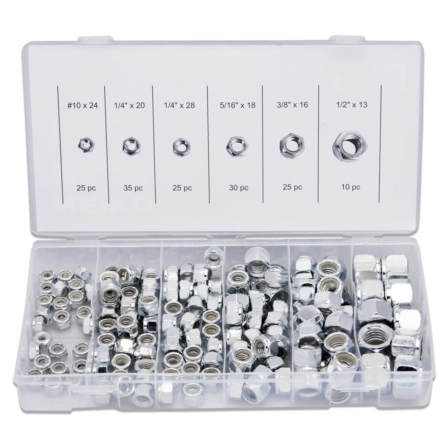 NEIKO 50432A 150-Pc Nylon Lock Nut Assortment | SAE Hex Locking Nuts #10-1/2" | Vibration-Proof A3 Steel for Automotive DIY