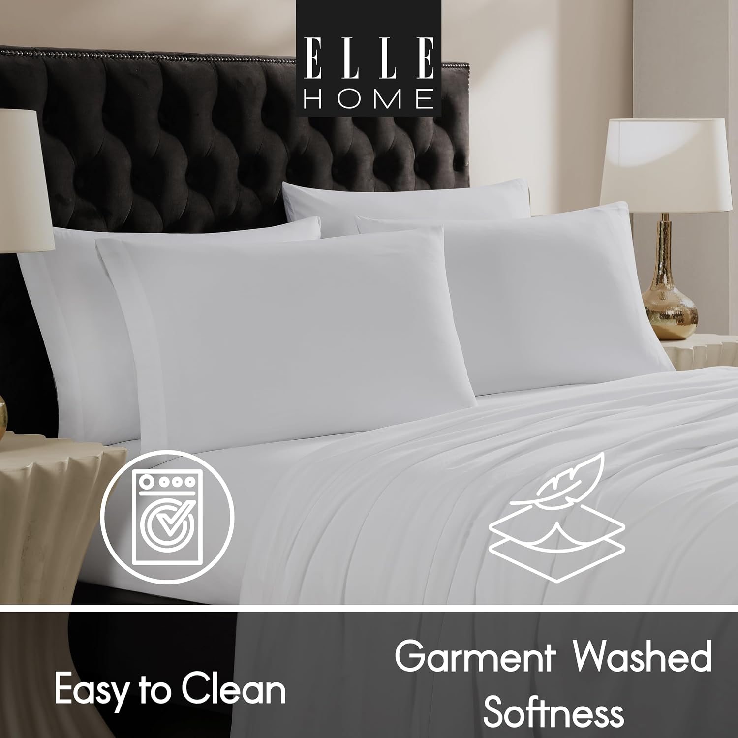ELLE Decor Garment Washed Solid Microfiber 6-Piece Bed Sheet Set, 12-inch Deep Pocket, Queen, White
