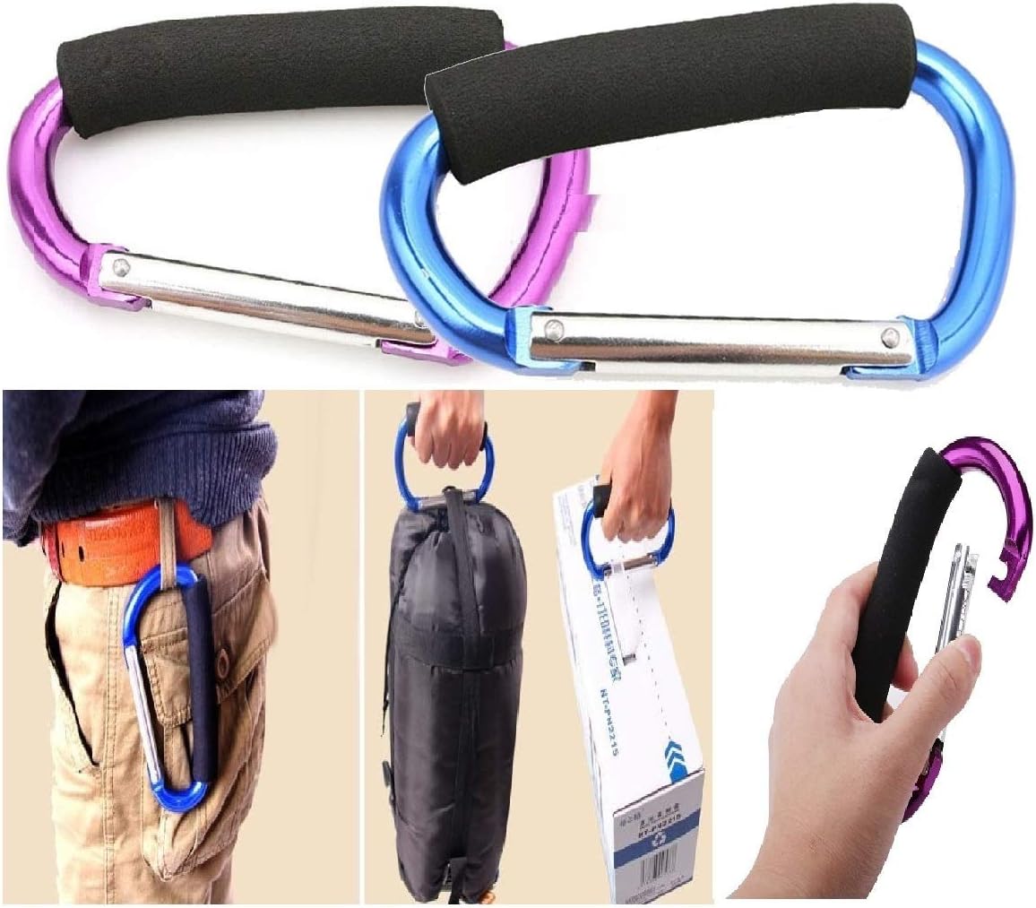 Large Stroller Hooks for Mommy, 2 pcs Carabiner Stroller Hook Organizer for Hanging Purses, Diaper Bag, Shopping Bags. Clip Fits Single/Twin Travel Systems, Car Seats (Blue+Purple)