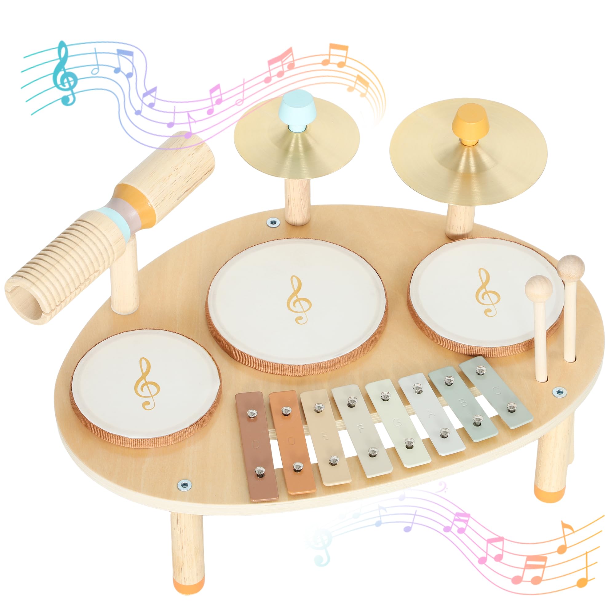 AIYAPLAY Set Musicale per Bambini, Strumenti in Legno e Metallo con Tamburi e Xilofono per Età 2+ Anni, Regali Musicali per Bambini e Bambine, Colore Legno Naturale