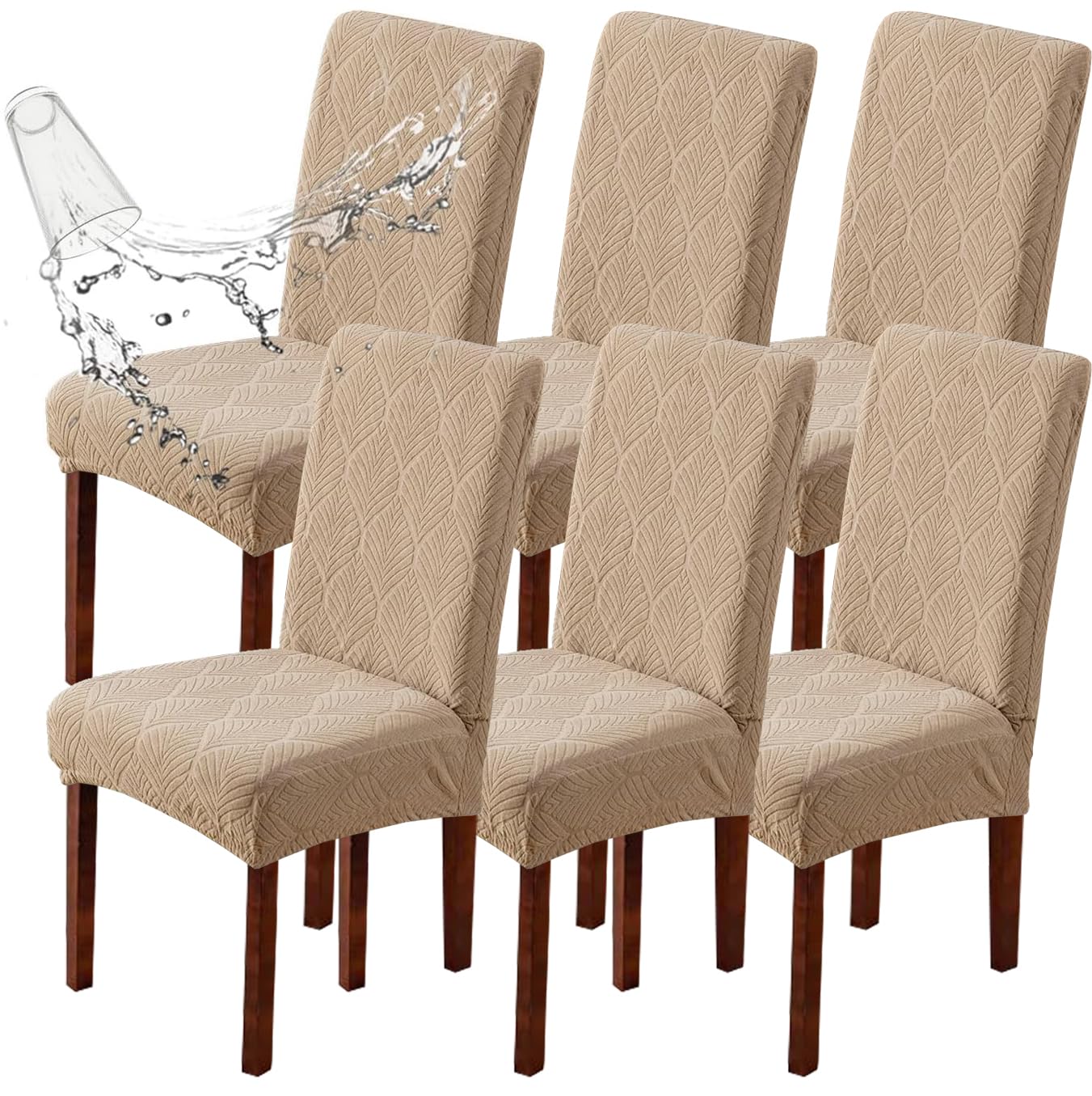 JUNZHE High Stretch Elastic Dining Chair Covers,Removable Washable Chair Protective Covers,Dining Chair Slipcovers Set of 2/4/6 (Khaki, 6 Pieces)