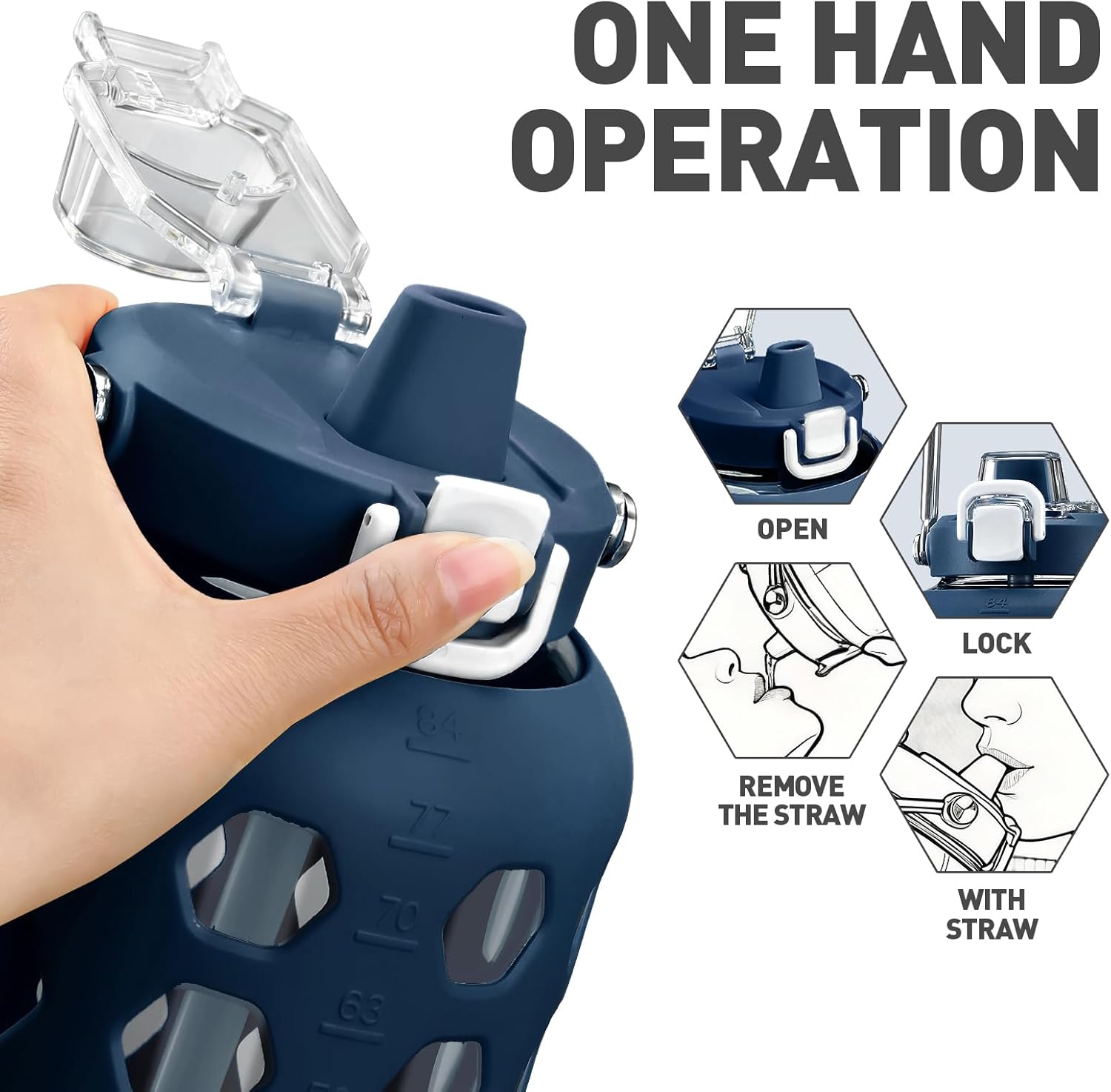 MUKOKO 84 oz Glass Water Bottles,2.5 Liter Gallon Drinking Bottle with Handle,Large Glass Water Jug with Silicone Sleeve for Gym Sports,Time Marker,Wide Mouth,Blue - Image 2