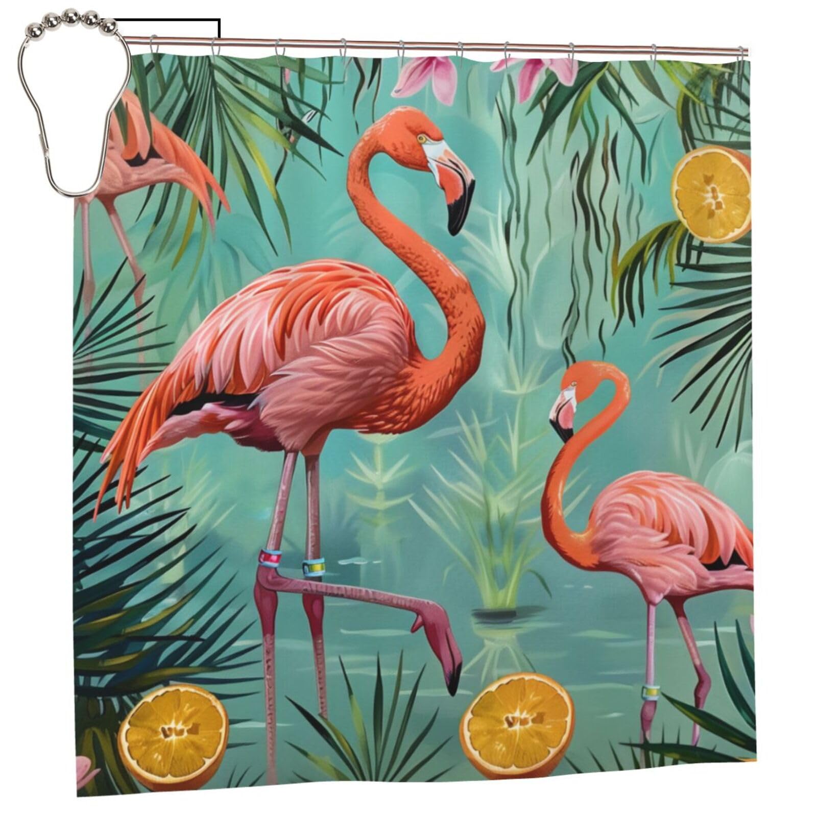 BWWHCCTI Flamingo Printed Shower Curtain With 12 Iron Hooks Opaque Quick Drying Waterproof Shower Curtains Sets For Bathroom 183x183 CM