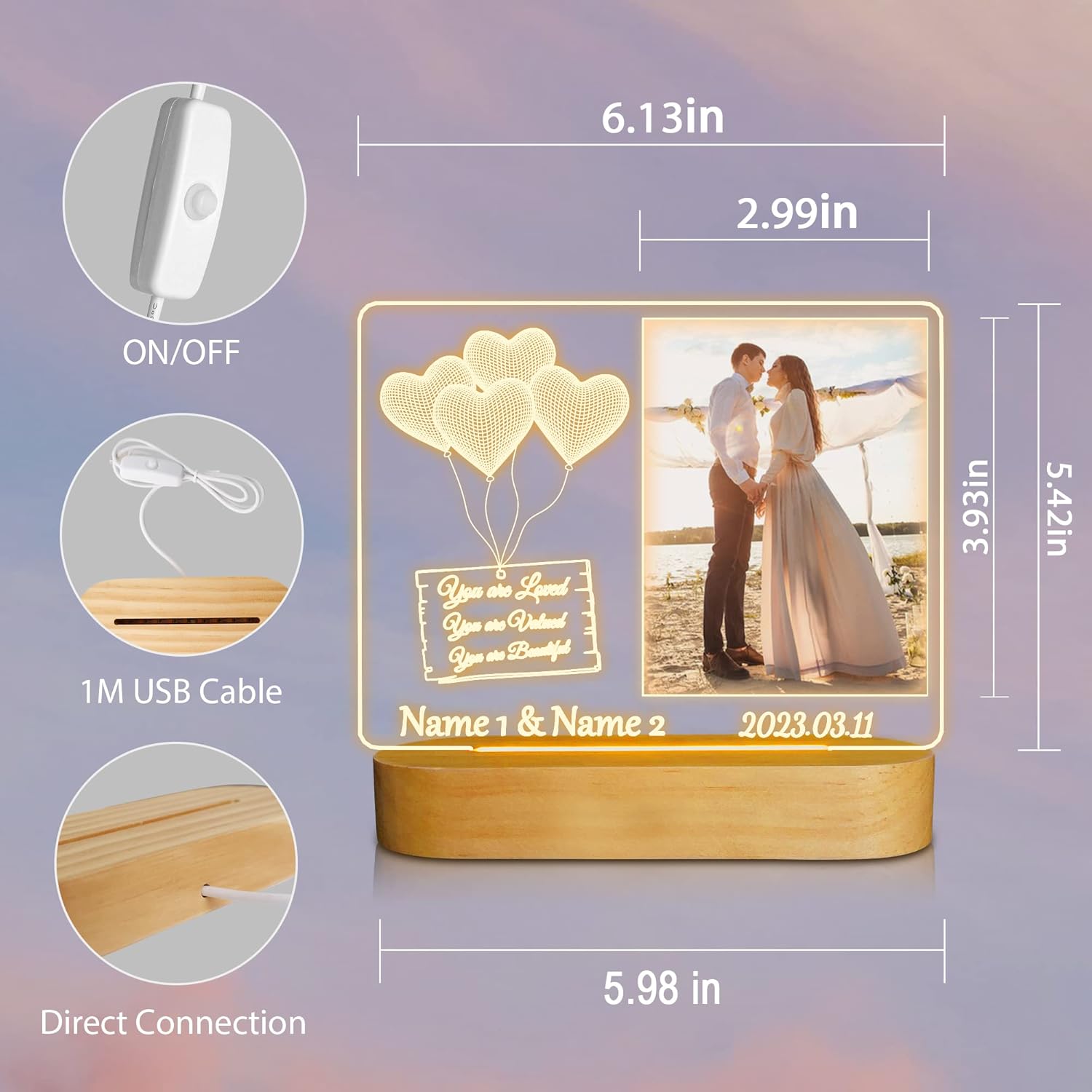 Attivolife Personalized 3D Wooden Lamp, LED Warm Color Night Light Room Decor with Custom Picture, Your Name, Memorial Day, Any Text in a Fixed Position, Best Birthday Gifts for Lover Men Women