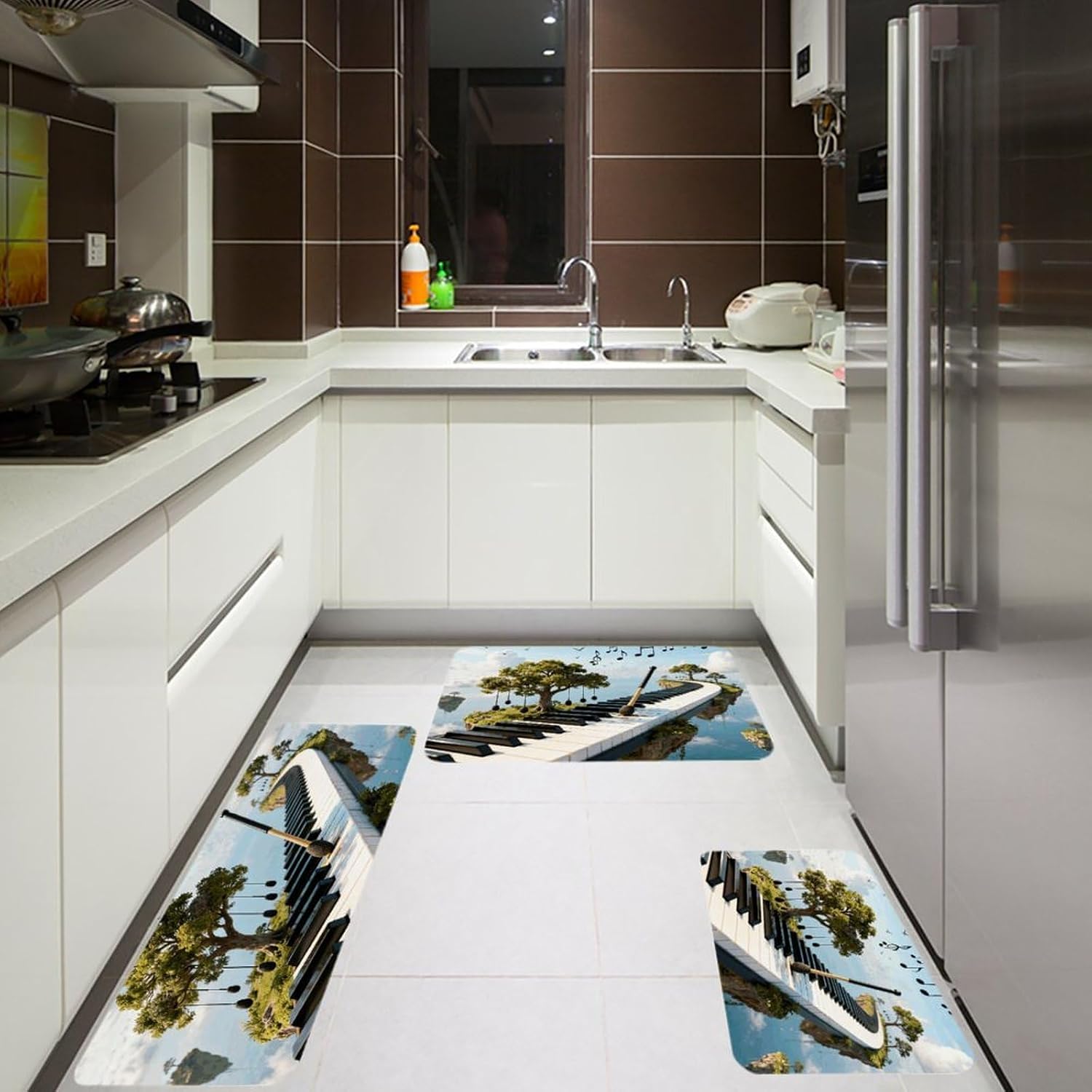 Floating Piano Isle Kitchen Mats for Floor 3 Pcs Kitchen Rugs