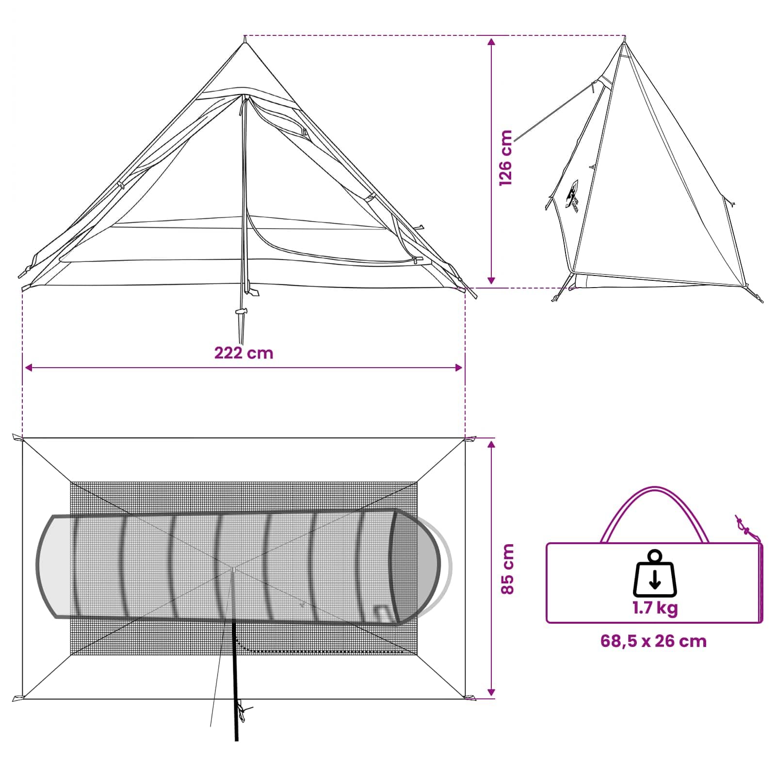 Trekkingzelt Grau und Orange 222 x 85 x 125 cm leichtes ultraleichtes wasserdichtes Biwakzelt mit UV-Schutz und Moskitonetz für Camping, Wandern, Outdoor und Survival