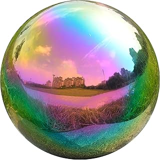 Nerien 12 Inch Gazing Ball, Stainless Steel Garden Mirror Globe, Polished Ornament Sphere, Hollow Floating Reflective Hemisphere, Home Outdoor Pond Housewarming Swimming Pool Decoration Gift, Rainbow