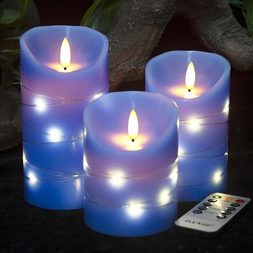 danip - Vela LED sin llama azul zafiro con cuerda de estrella incrustada, vela LED de 3 piezas con control remoto de 10 botones, función de