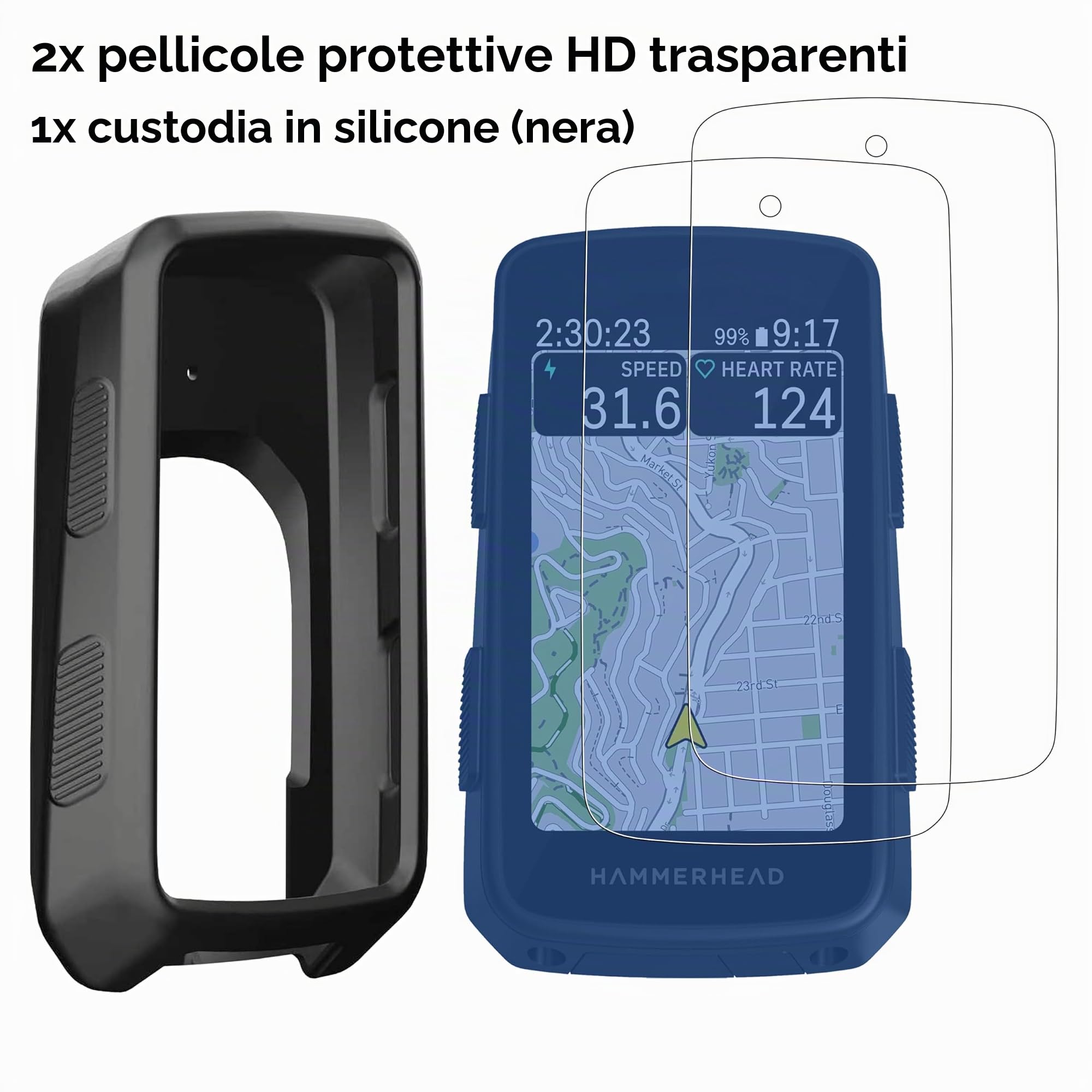 [Confezione da 3] 1 custodia in silicone + 2 pellicole protettive in vetro temperato trasparente HD per Hammerhead Karoo da 3 a 3,2 pollici, resistente alle cadute, antistatiche, antiscivolo