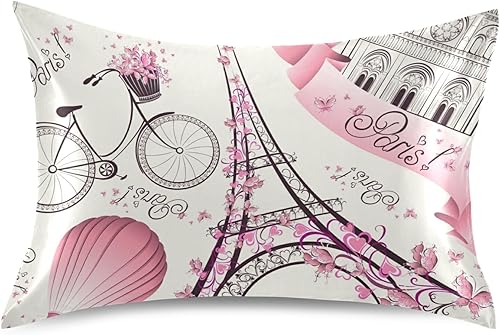 Nander Funda de almohada de satén de flores de la Torre Eiffel de París para cabello y piel, fundas de almohada de seda suave sin cremallera, 1