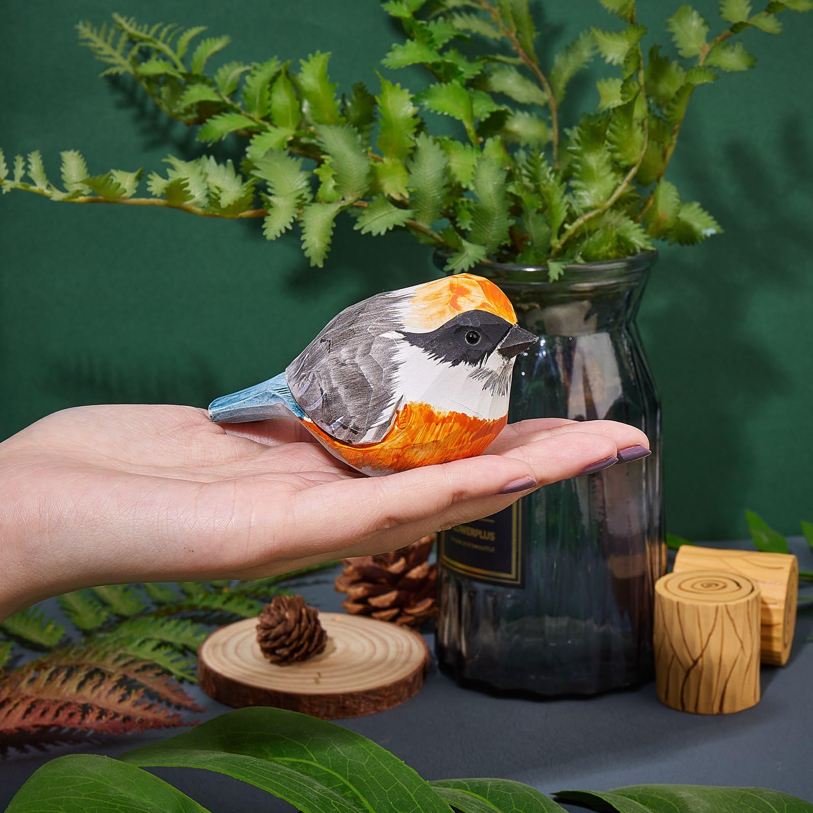 WEWAYSMILE Hand Carved Wooden Bird Figurine, Small Cute Animal Ornament for Home Office Desktop Decoration (Red Tit) - Image 3
