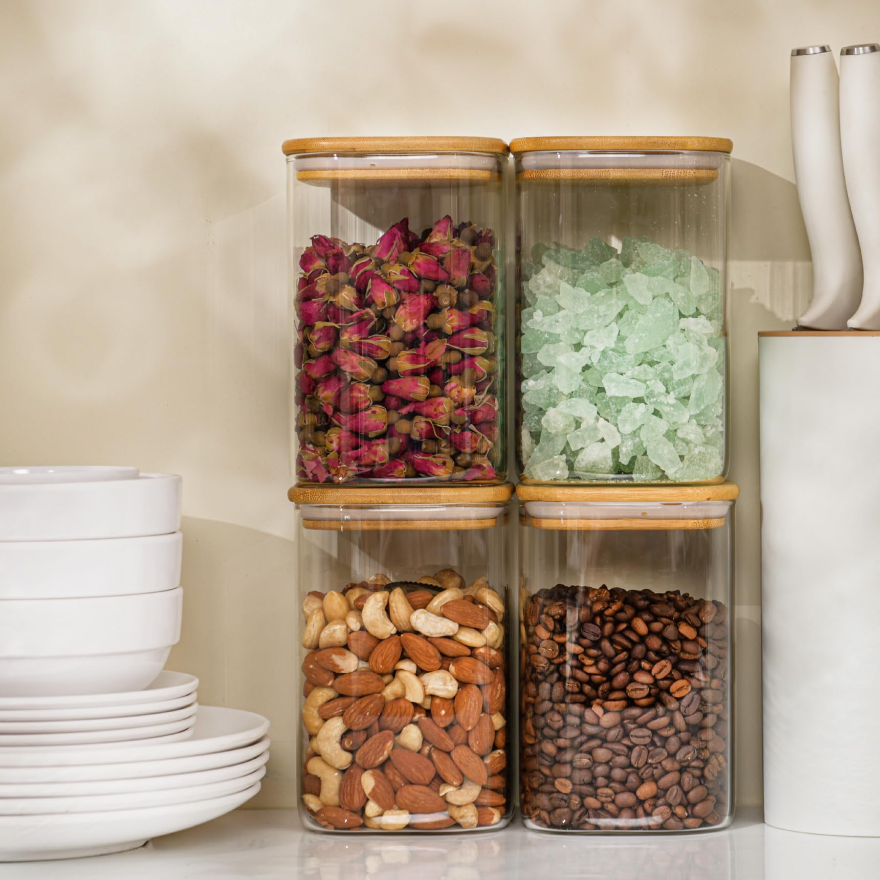 D2scrma Luftdichte quadratische Vorratsdosen aus Glas mit Bambusdeckel, 1200 ml, stapelbare Behälter, Küchengläser für Speisekammer, Nudeln, Mehl und Kaffeebohnen (mit schwarzem Etikett), 1,05 l, 6