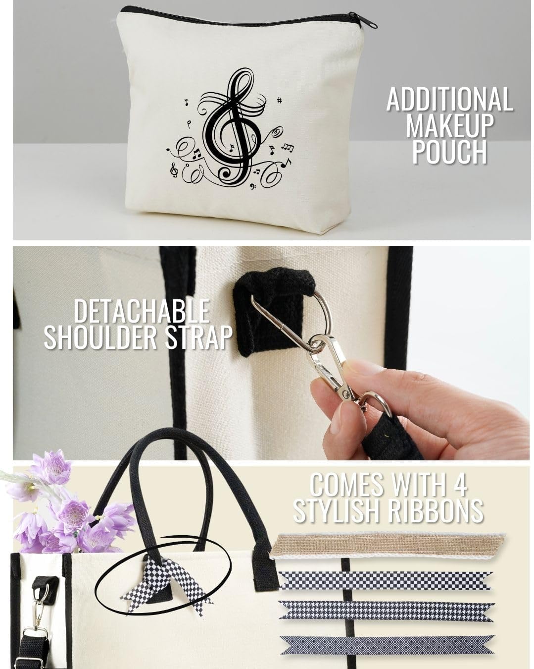 InnoBeta Music Gifts for Women, Canvas Tote Bag with Top Zipper Closure, Cool Music Gifts for Musician, Musical Lover or Teacher on Christmas, Birthday - Treble - Image 3