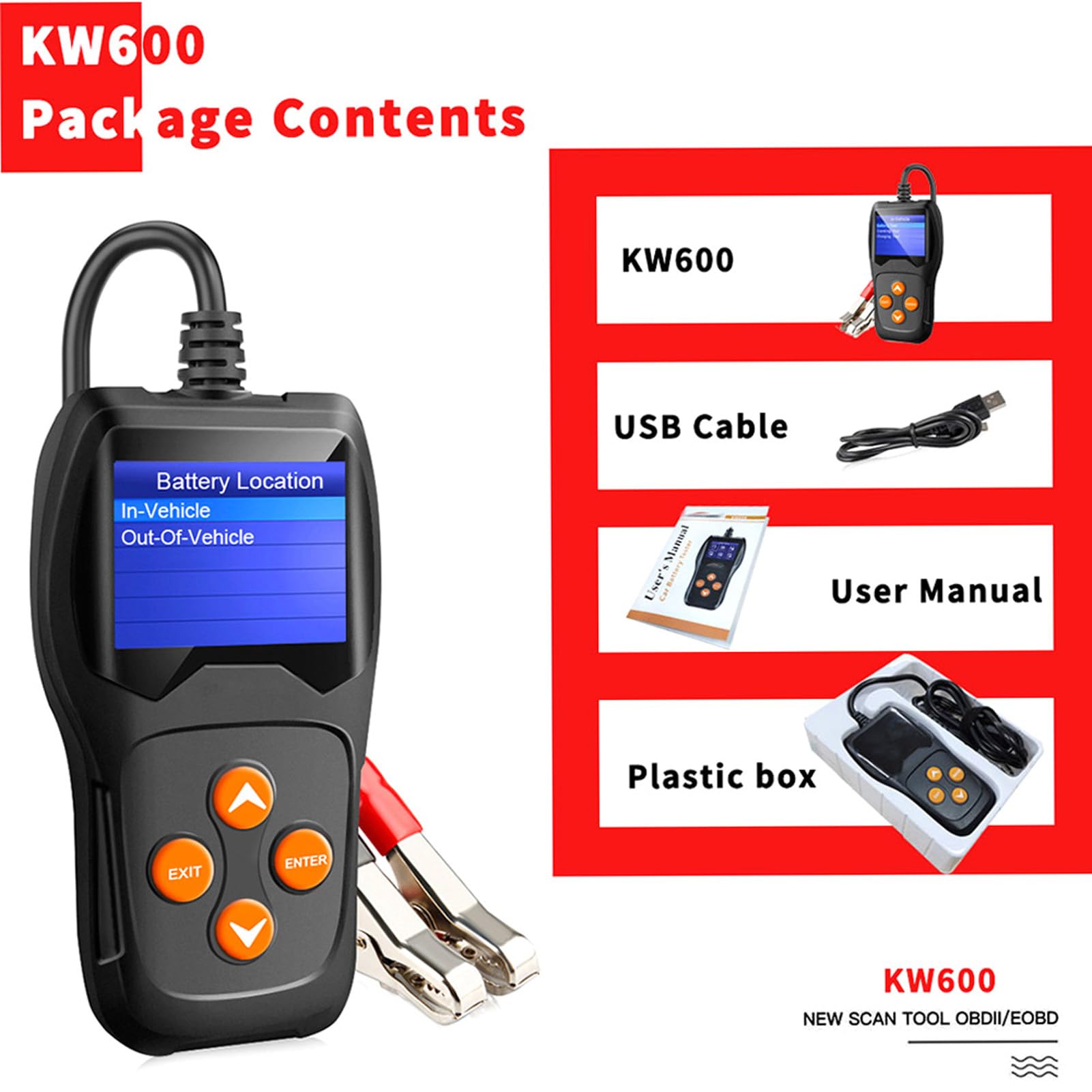 Domary Tester Akumulatora Samochodowego KW600 12V 100-2000 CCA Samochodowy Analizator Obciążenia z Testem Napięcia w Kształcie Fali, dla Wszystkich Samochodów SUV