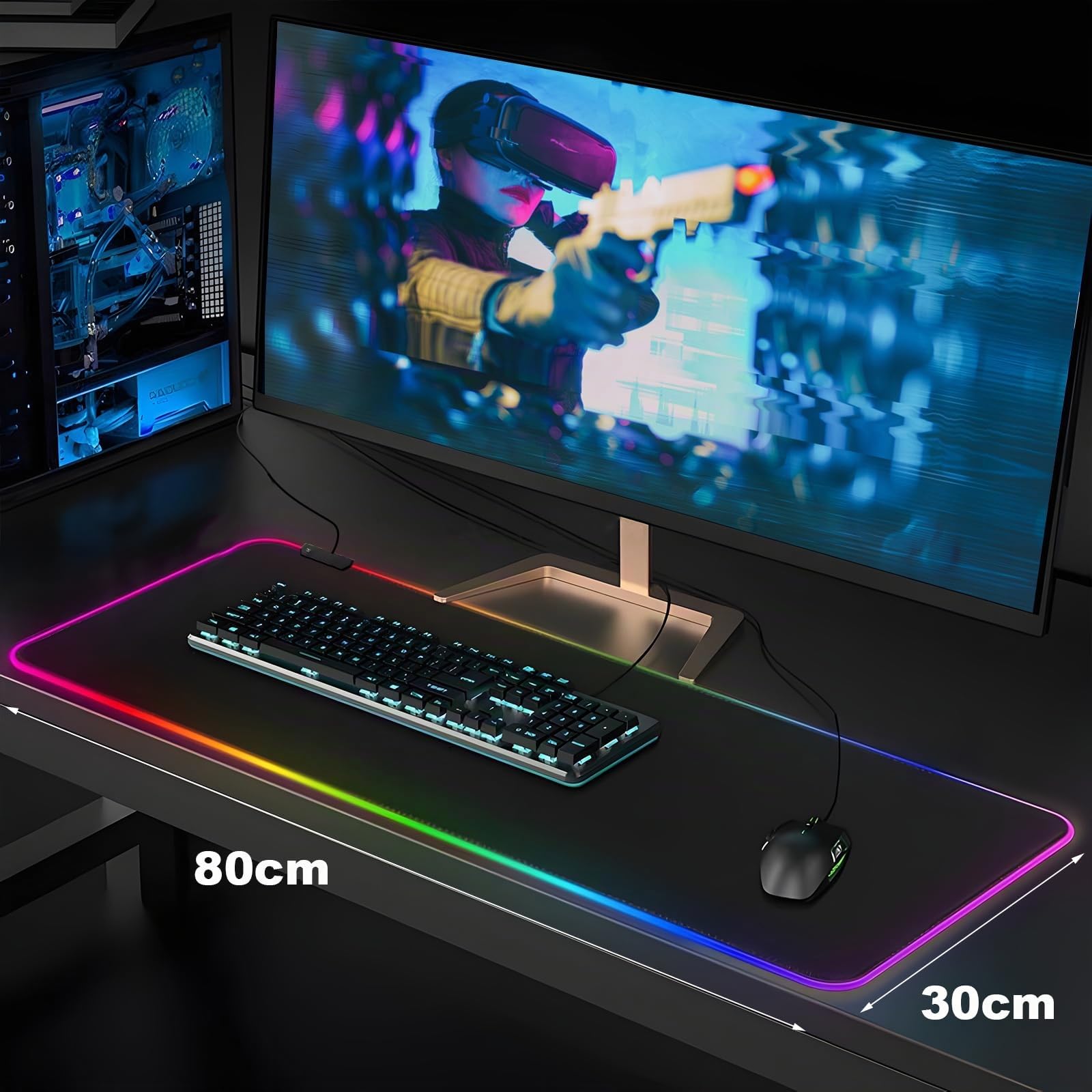 Tappetino per mouse da gaming, RGB, 800 x 300 mm, XXL per gaming, 14 modalità di illuminazione, 7 LED, impermeabile, antiscivolo, per tastiera, computer, PC, giocatore, scrivania, nero