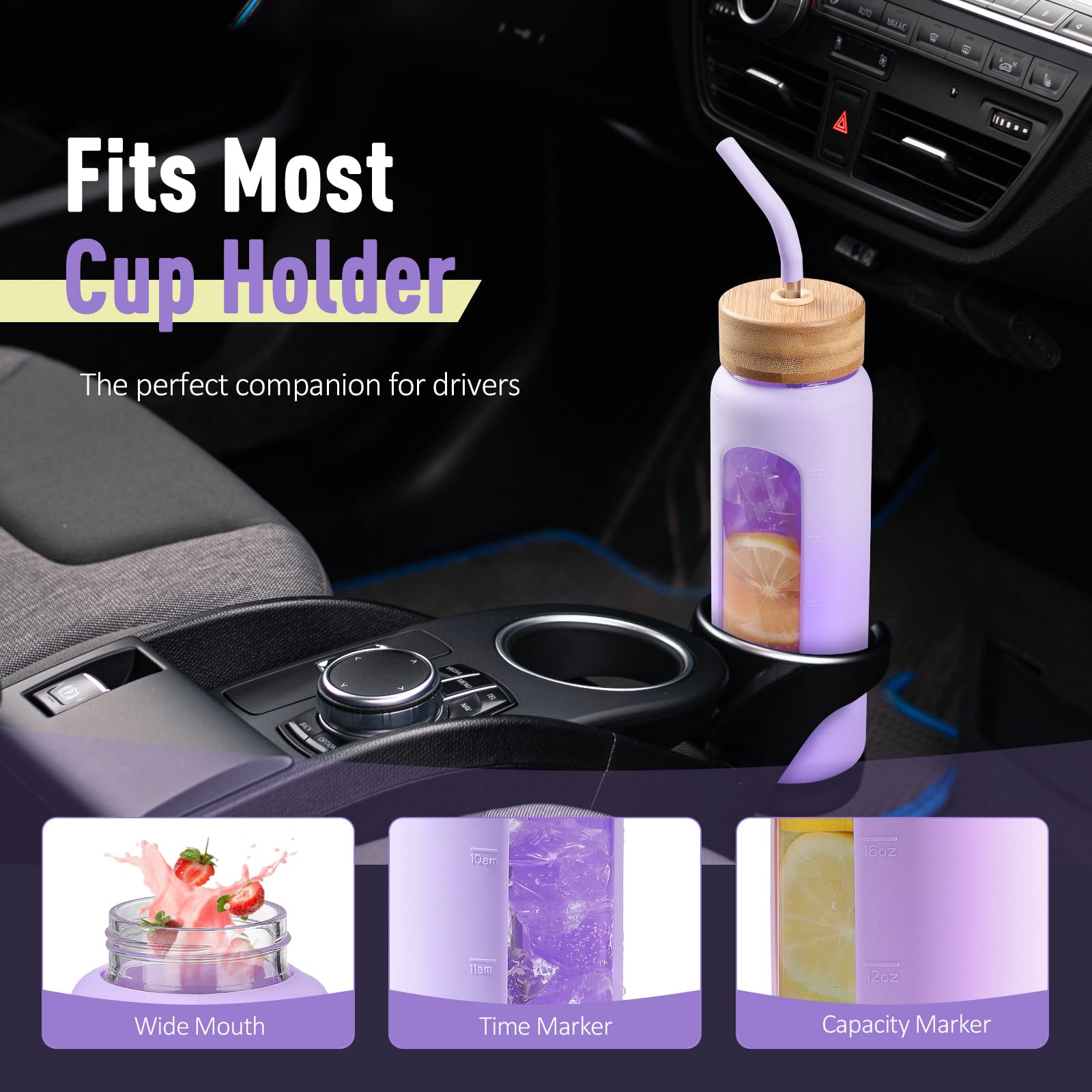 BLUEGO Borraccia Vetro 700ml con 2 Coperchi e Cannuccia, Sportiva Bottiglia d'Acqua con Custodia in Silicone e Indicatori di Tempo, Senza BPA, Viola