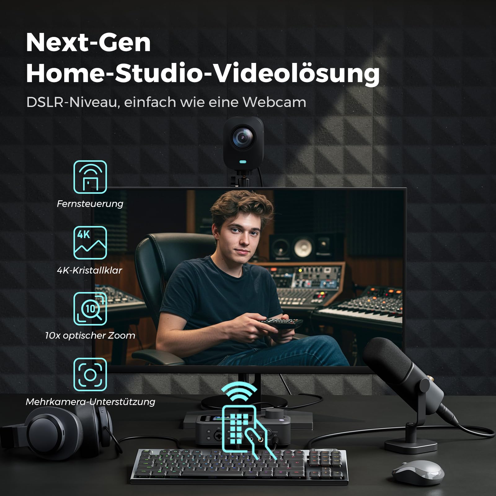 NearStream VM20 4K-Streaming-Kamera-Set mit Kabelanschluss, Stativ und 2 Super-Klemmen, 40-facher Hybrid-Zoom, Multi-Kamera-Paket für Podcasts, Gottesdienste, Interviews und Zoom