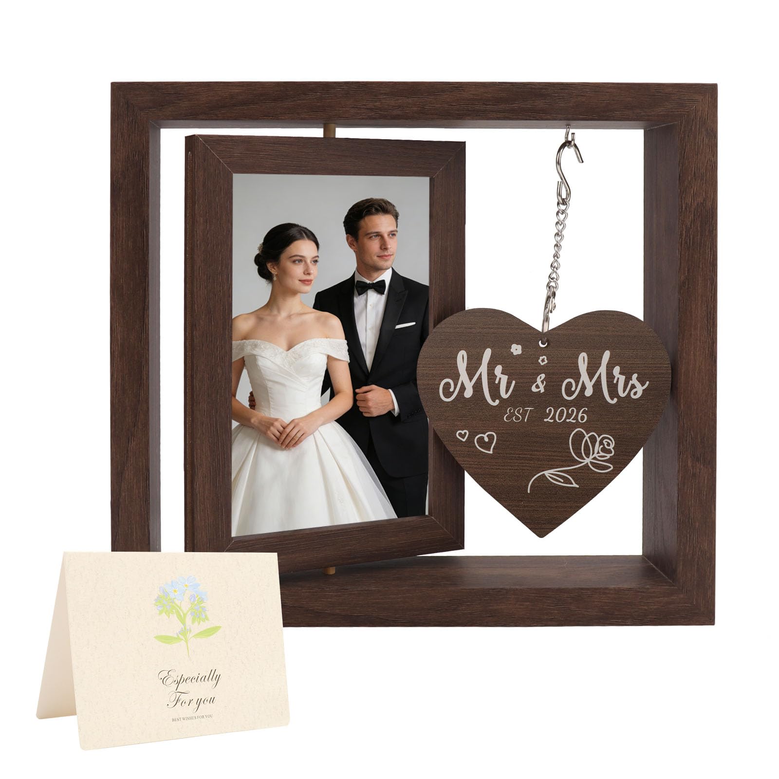 WALLFID Wedding Rotating Photo Frame with Greeting Card,Displays Two 4x6 inch Photos,Wooden Picture Frame for Bride and Groom,Meaningful Wedding & Anniversary Keepsake (Mr & Mrs 2026)