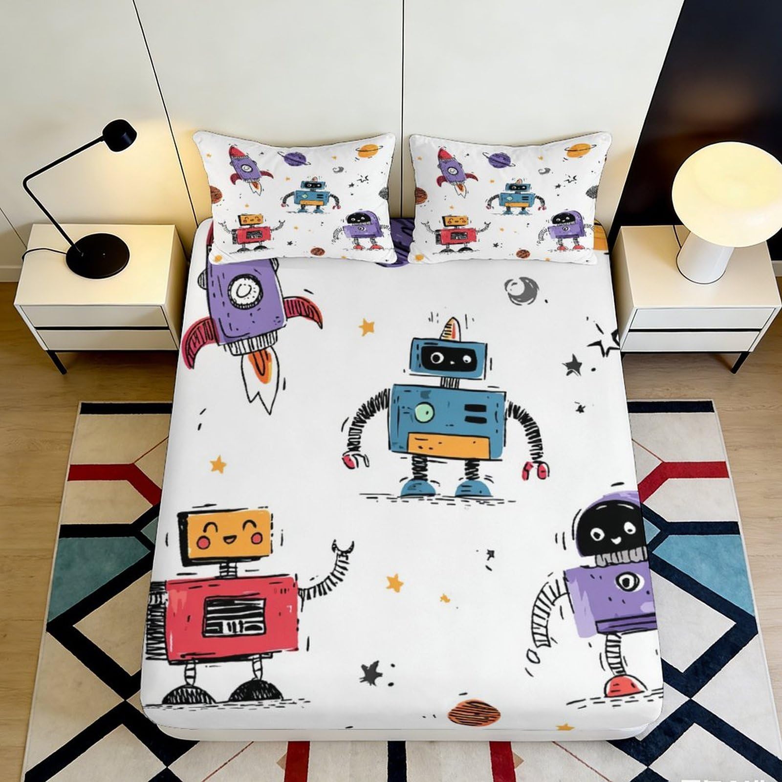 Jqzkxnhpbr Style-2 3D Printed Robot Cartoon Fitted Sheet Microfiber Soft Bedroom Decor Space Rocket Mattress Cover For Kids Adults 90X200x25cm