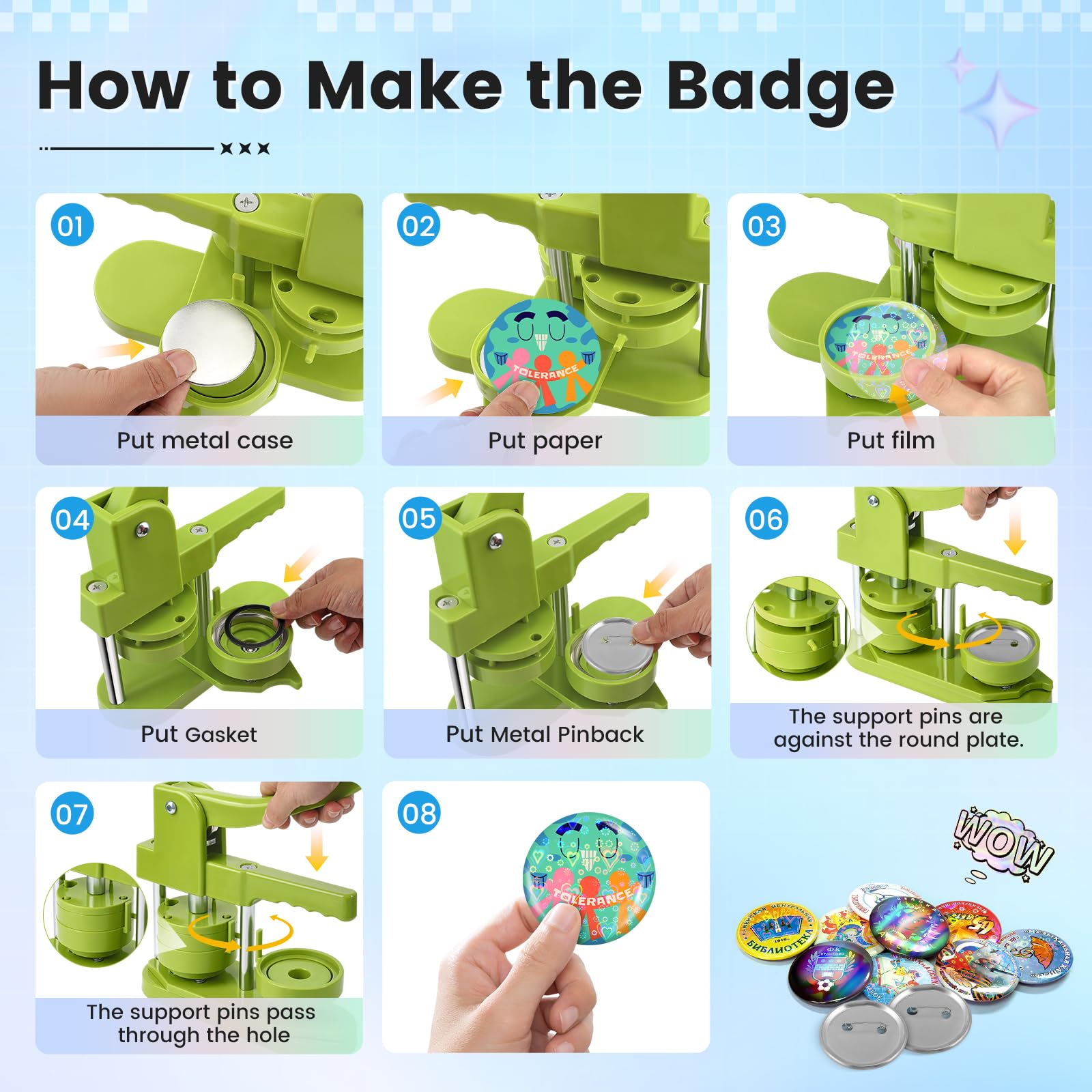 Macchina per bottoni KEYSAFER per creare badge 58 mm, set di pressa per bottoni fai da te senza installazione, con 100 parti in metallo per bottoni, lamina arcobaleno e taglierina rotonda per feste e