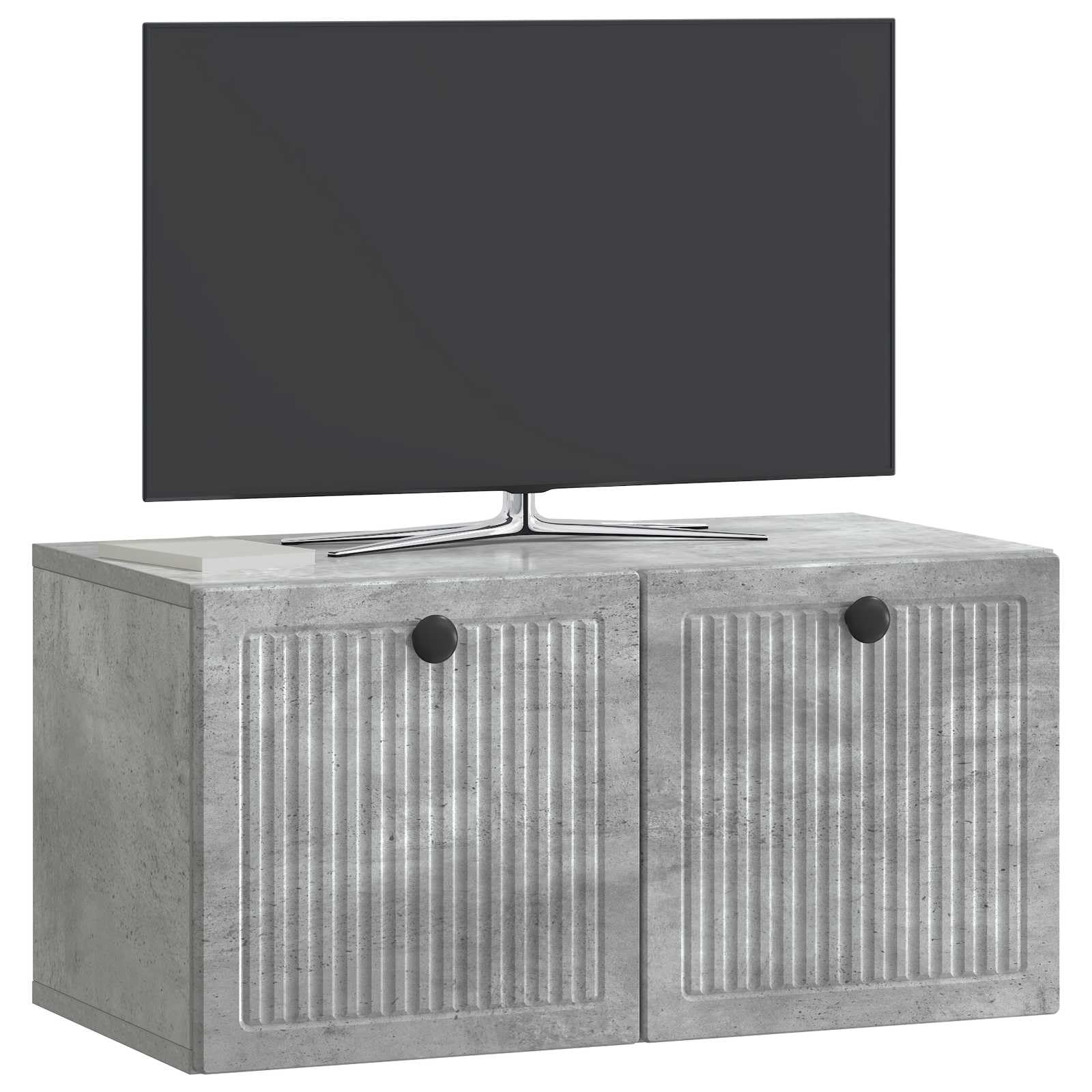 Szafka RTV montowana na ścianie betonowy szary, nowoczesna szafka telewizyjna z dużą przestrzenią do przechowywania, minimalistyczny design z drzwiami i metalowymi gałkami, łatwy