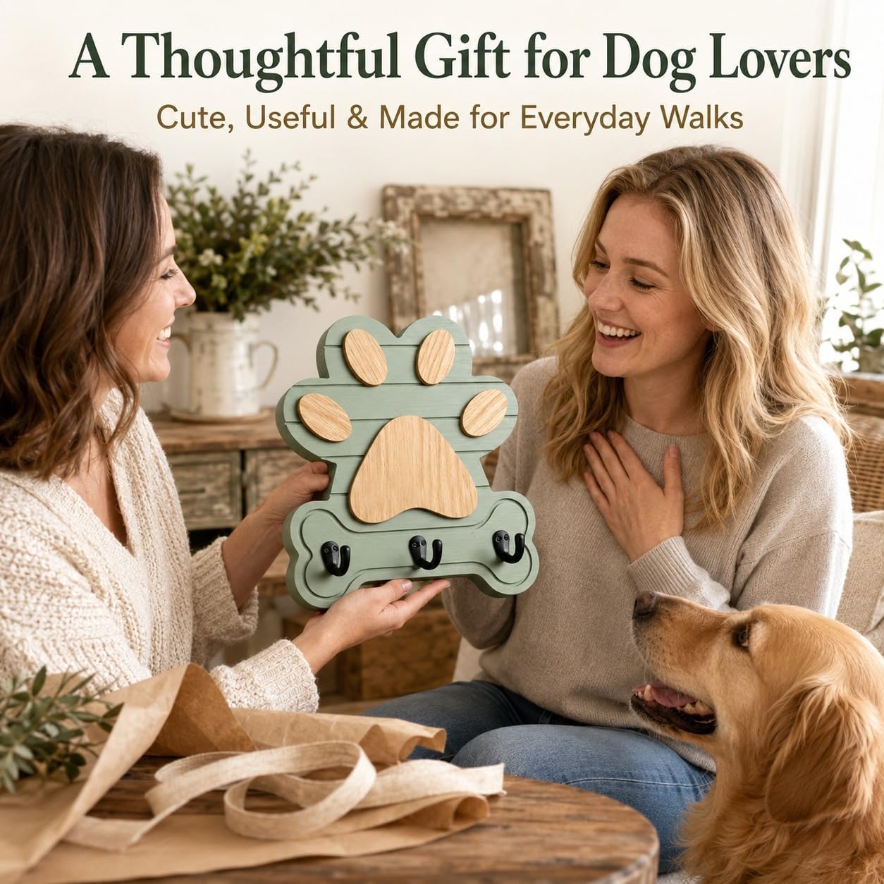 2pcs Dog Leash Holder for Wall, Dog Leash Holder, Dog Leash Hooks for Wall,Dog Leash Hanger,Dog Paw Key Holder,Wall Mounted Dog Leash and Key Holder,Rustic Pine Wood Decor（Sage Green）