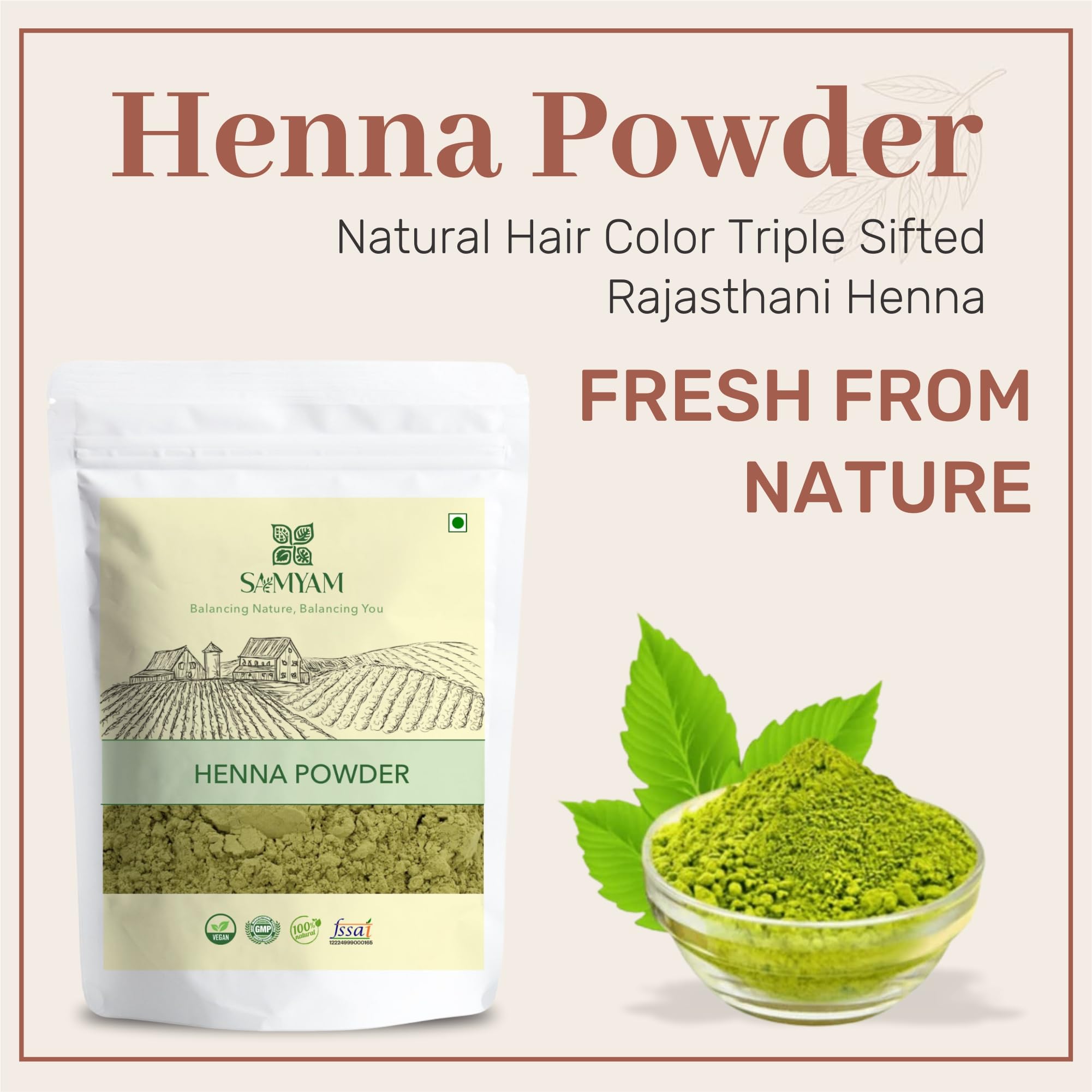 SAMYAM Czysta henna w proszku – opakowanie 500 g | naturalna farba do włosów, potrójnie przesiana henna rajasthani, bez PPD