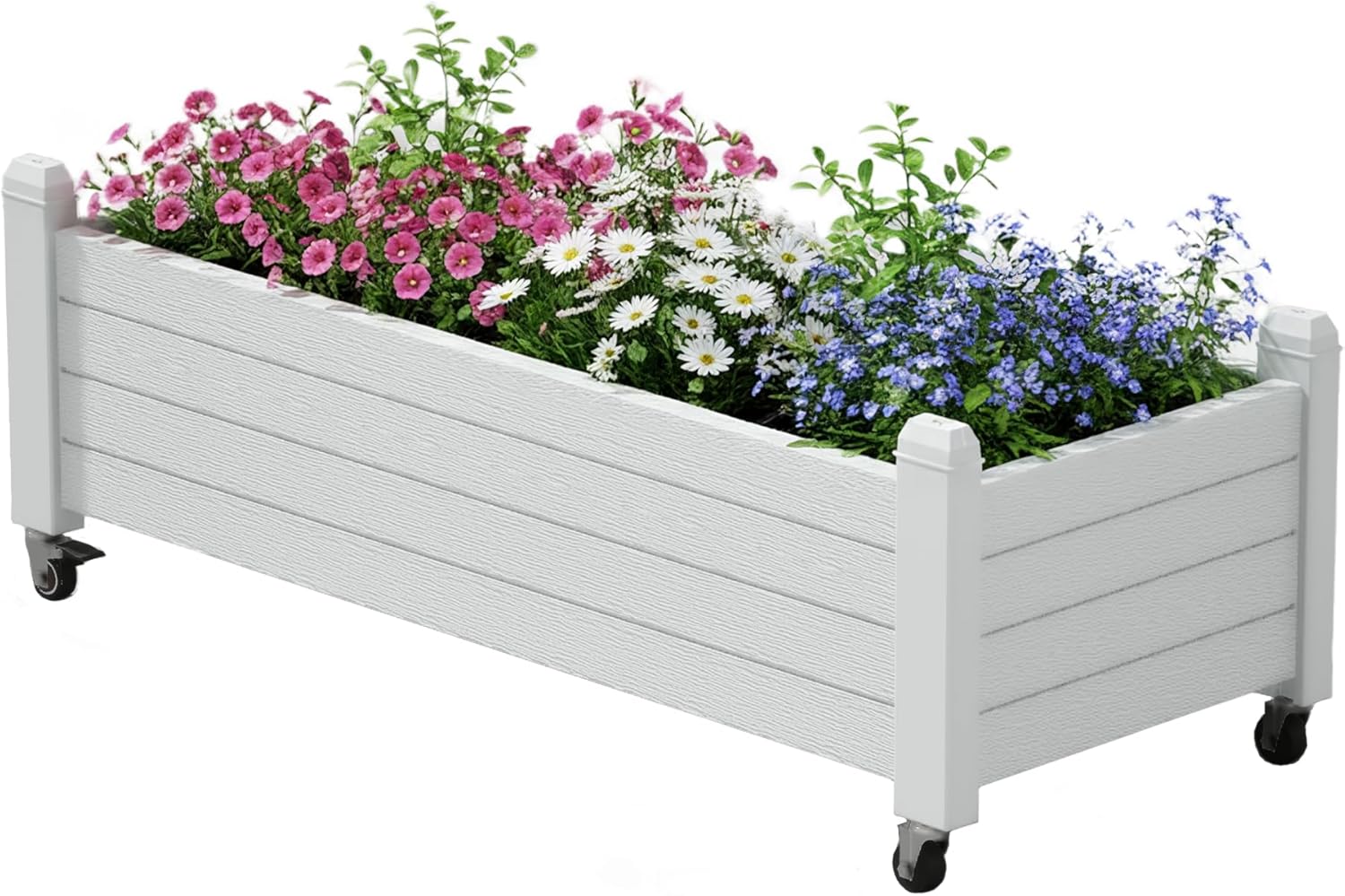 Resin Raised Garden Bed with Trellis and Wheels, Planter Box with Trellis Outdoor, Raised Planter with Trellis with Drainage Holes & Water Monitor for Climbing Plants, Flower, White(61.2" H)