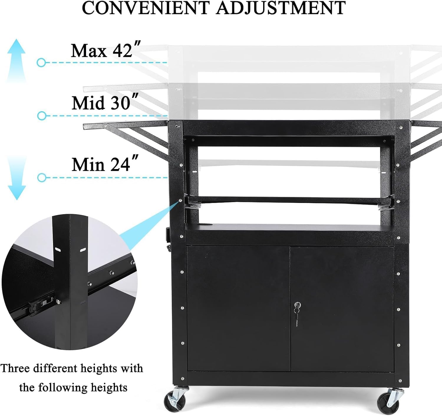 Rolling AV Cart with Locking Cabinet, Laptop Stand, and Drop Leaves, Height Adjustable Mobile Utility Cart Workstation with Extra Storage Space, Power Strip