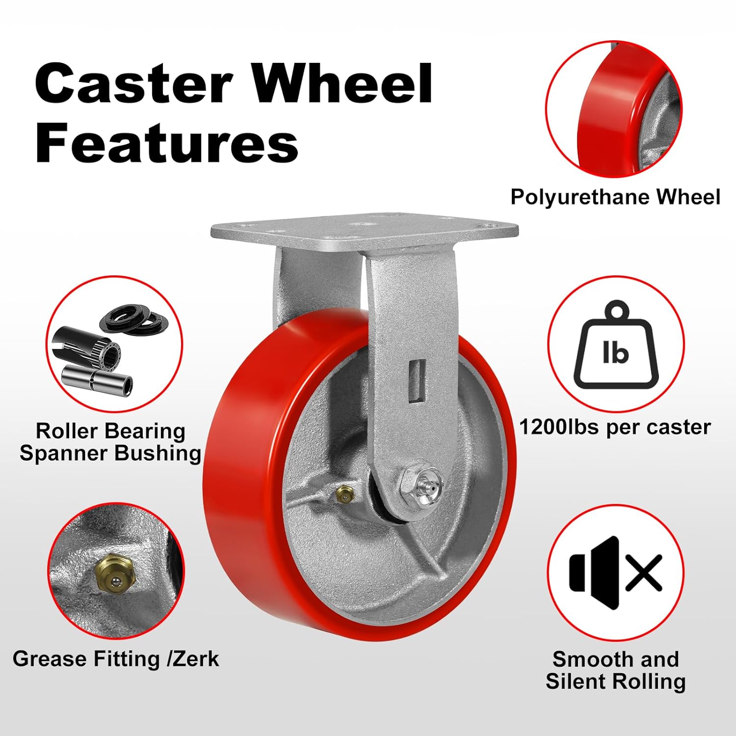 6" Casters Set of 4 Heavy Duty Industrial Caster Wheels with Load 4800lbs Capacity, Polyurethane Wheels for Workbench,Tool Box,Dolly(2 Brake & 2 Rigid)