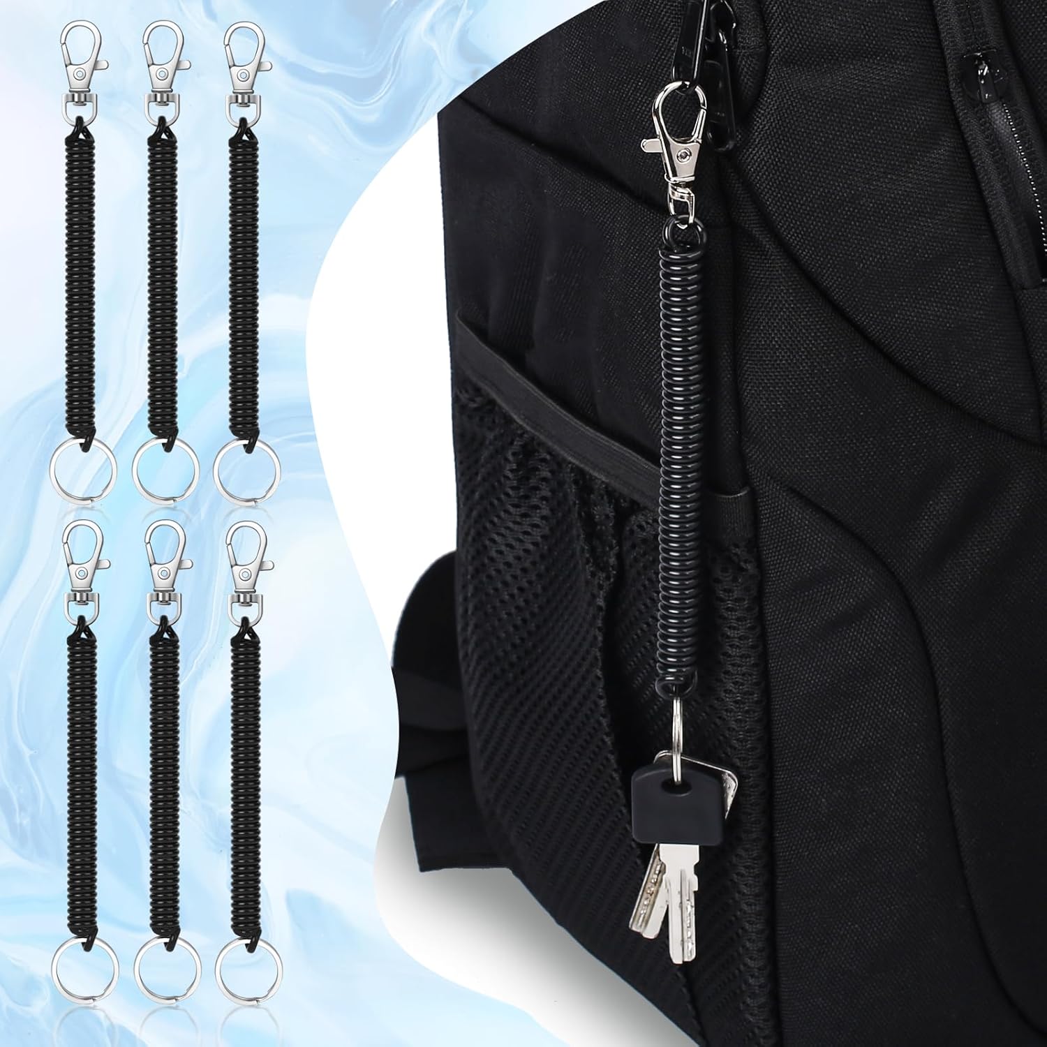 Mozeat Lens 6Pcs Spiral Retractable Spring Coil Keychain Theftproof Anti-lost Stretch Cord Coiled Lanyard With Keyring Lobster Clasp for Wallet Chain, Keys, Cellphone, Black - Image 6
