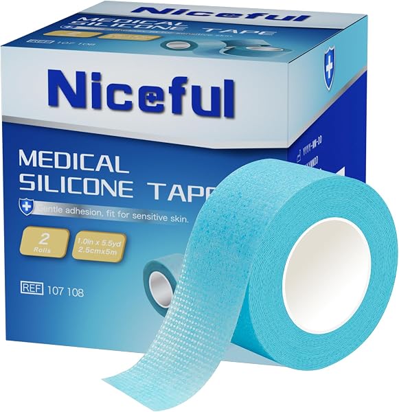 Niceful Silicone Tape, Hypoallergenic, Painless Removal, 1" x5.5Yd 2 Rolls