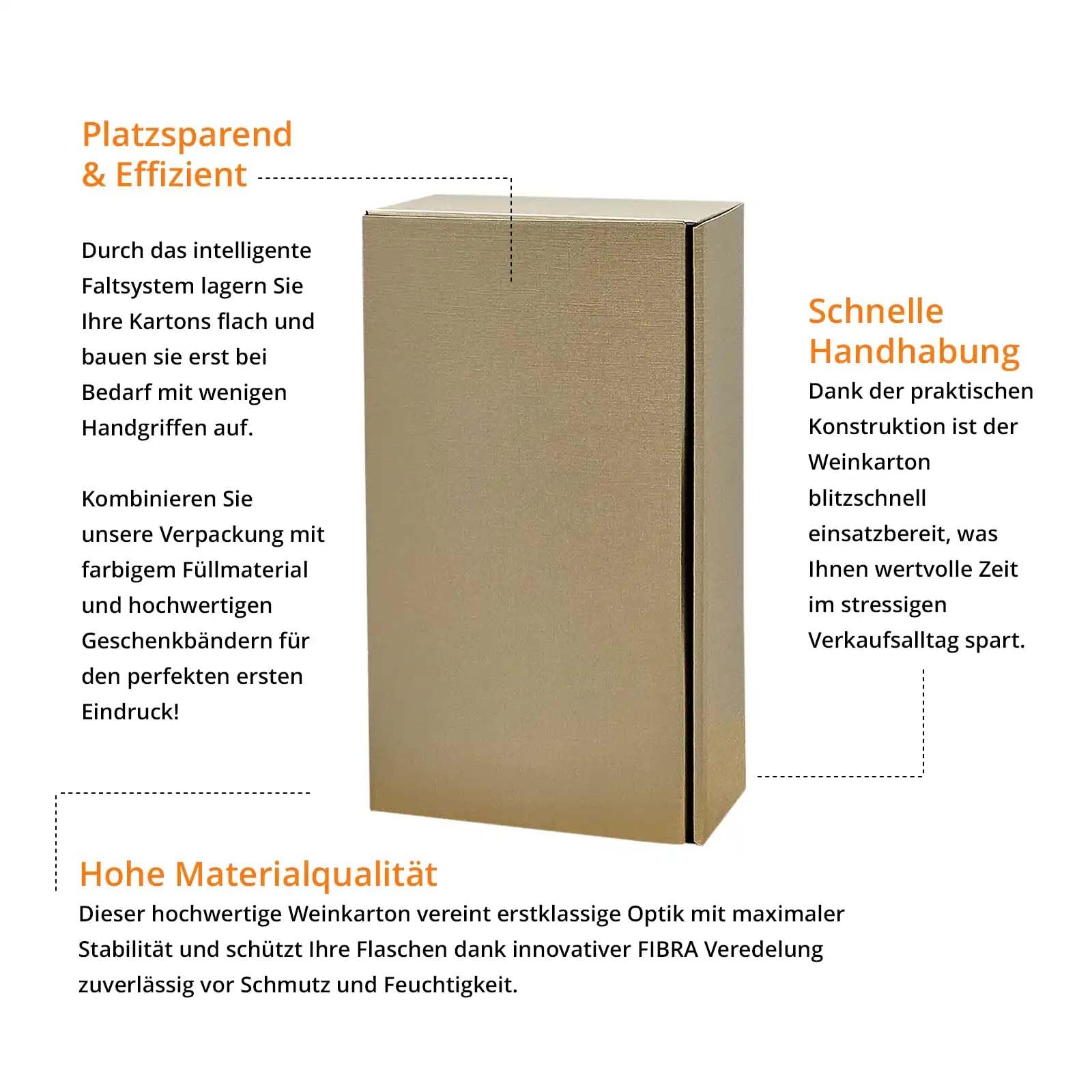 25 x Geschenkkarton für Weinflaschen, extra hochwertige Leinenstruktur mit FIBRA Oberflächenveredelung, Präsentkarton Wein in bronze, 2er