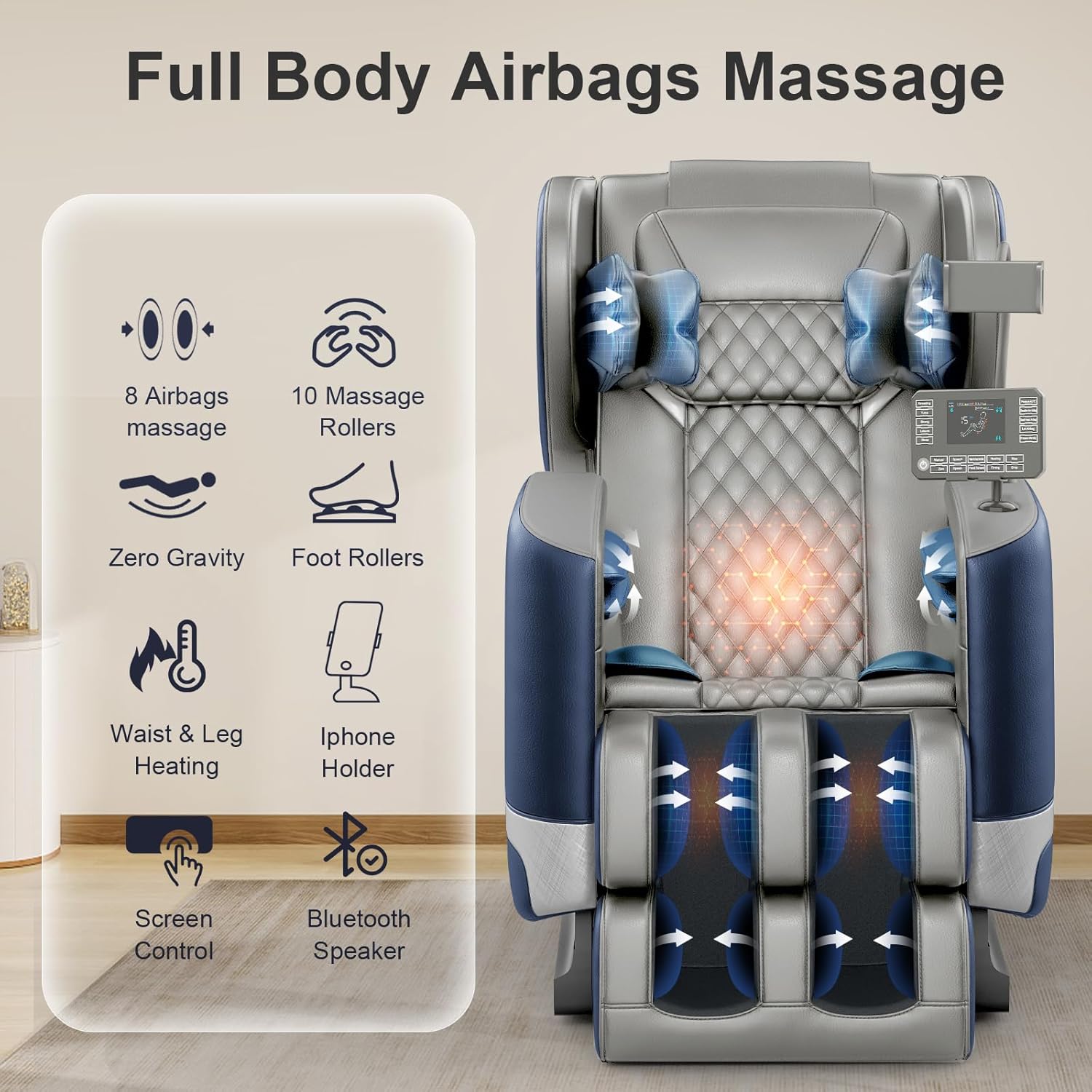 FURNIMAT 2026 Massage Chair Full Body, Zero Gravity Massage Chair with 10 Fix Rollers, Airbags, Heating, Foot Massage, Auto Modes, Bluetooth Speaker, Smart Screen Controller(Leather Blue) thumbnail
