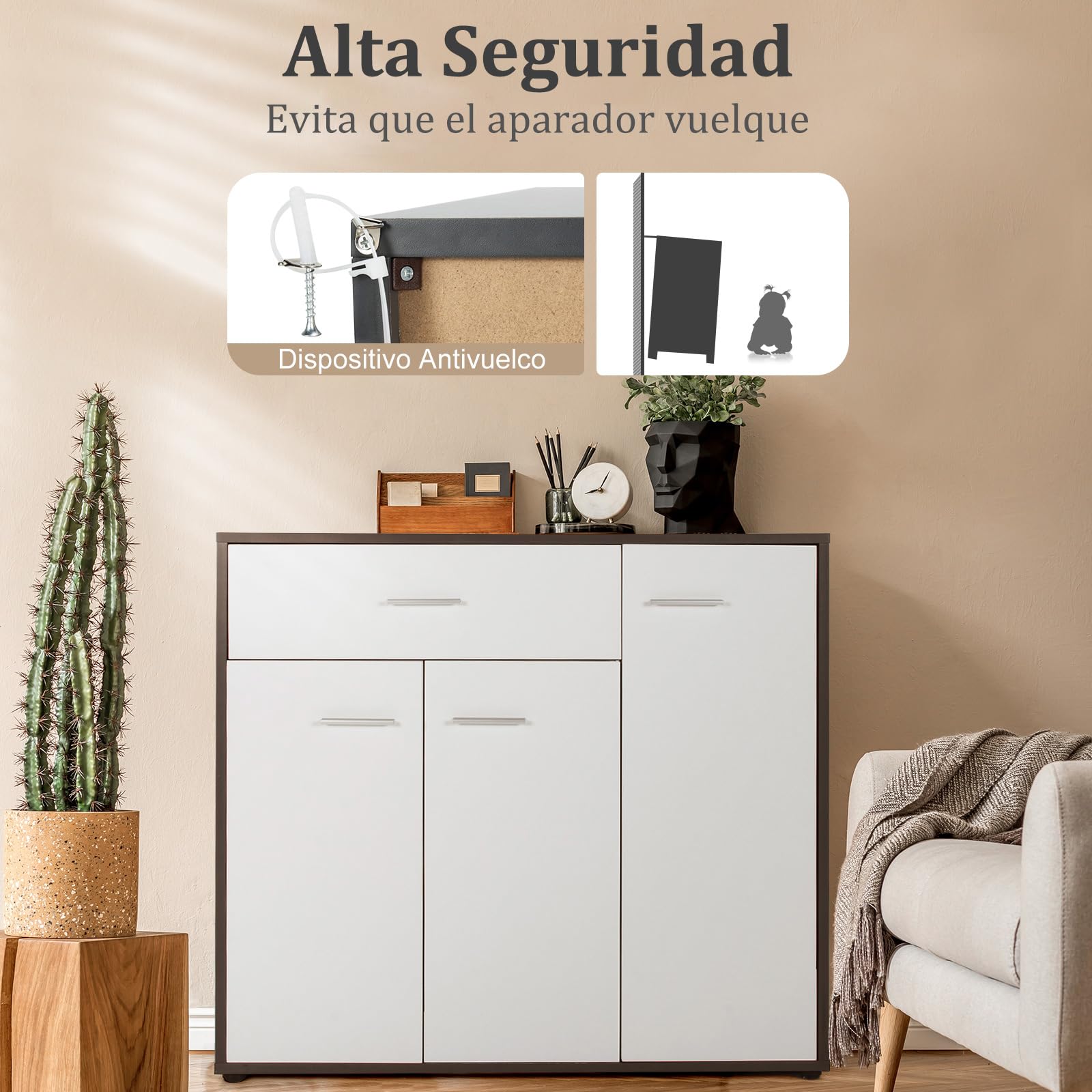 COSTWAY Aparador Cocina Buffet Moderno, Armario de Piso de Cocina con Dispositivo Antivuelco y Estante Ajustable, Gabinete de Almacenamiento Lateral de 3 Puertas para Comedor Entrada (88x40x80cm)