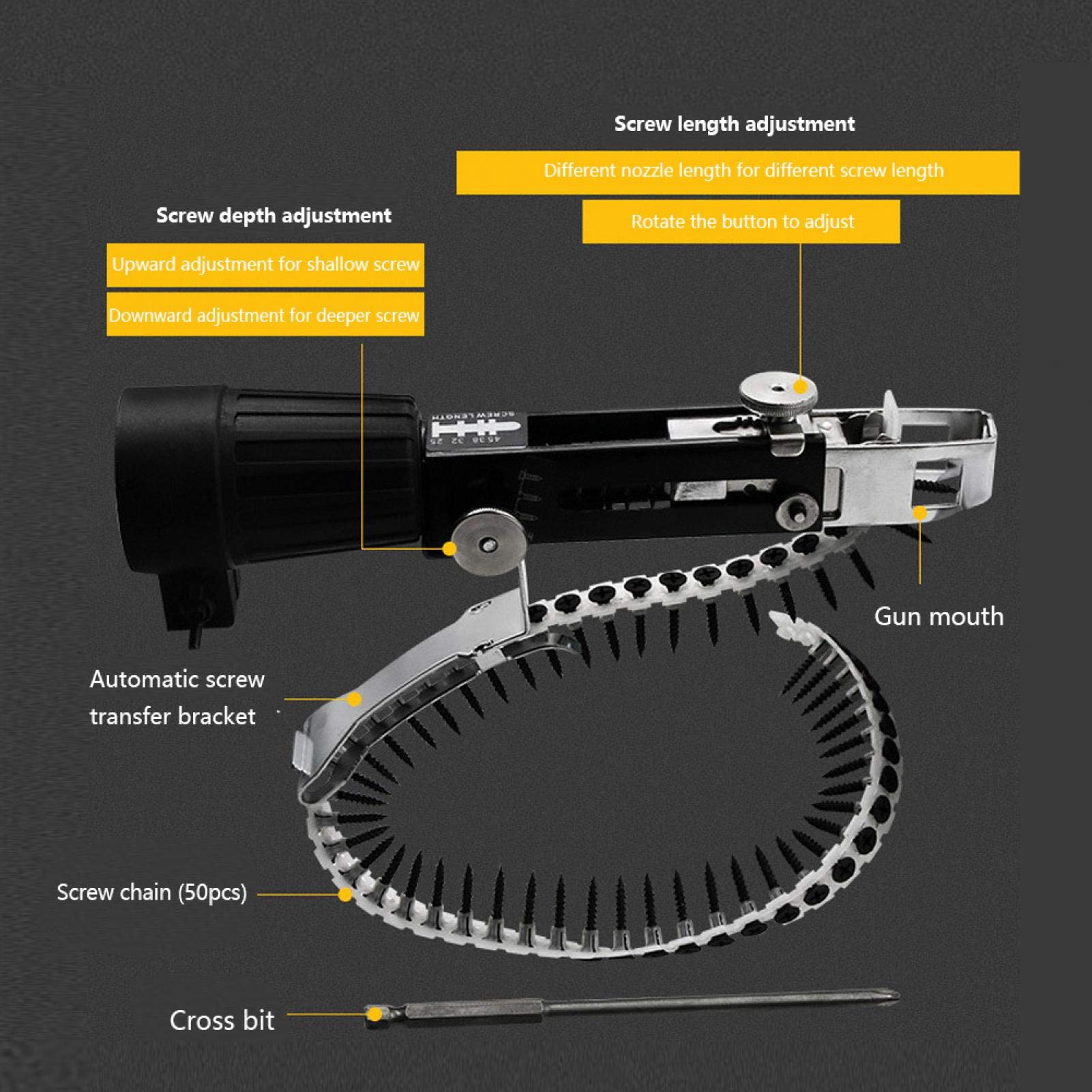 Pistola de tornillos de plataforma, Pistola de tornillos para paneles de yeso, Adaptador de cadena de tornillo de taladro de cadena de clavos automático para accesorio de taladro eléctrico