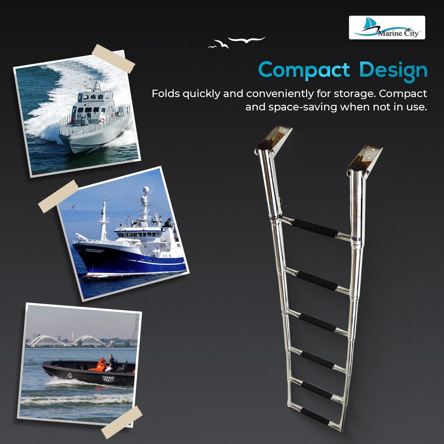 MARINE CITY 6-Step Telescoping Swim Ladder, Durable Stainless Steel, Anti-Slip, Space-Saving Design, Supports Up to 400 lbs, Ideal for Boats, Ships, Marines, Pontoons