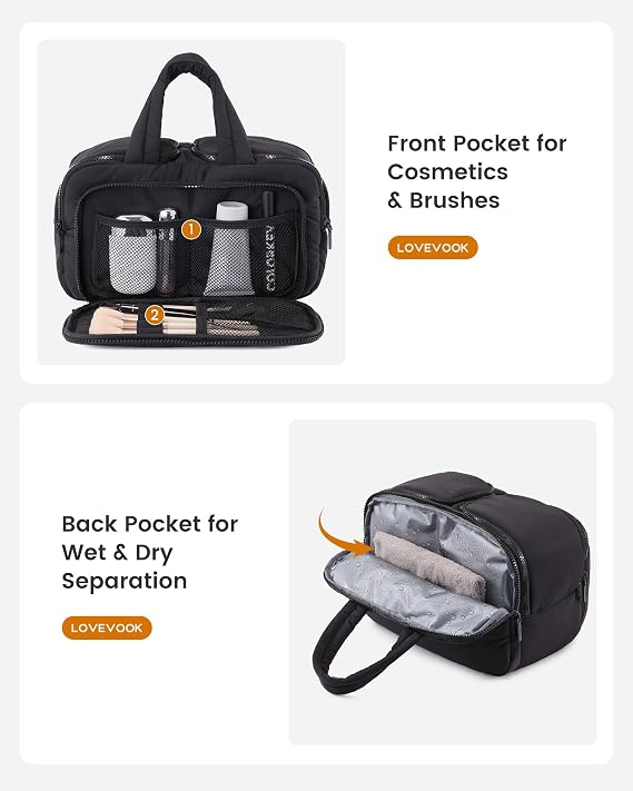 LOVEVOOK Women's Large Toiletry Bag Lightweight Travel Cosmetic Bag Wide Open Toiletry Bag with Wet Compartment Waterproof Wash Bag Make Up Bag Beauty Case with Handle for Travel Holiday Black