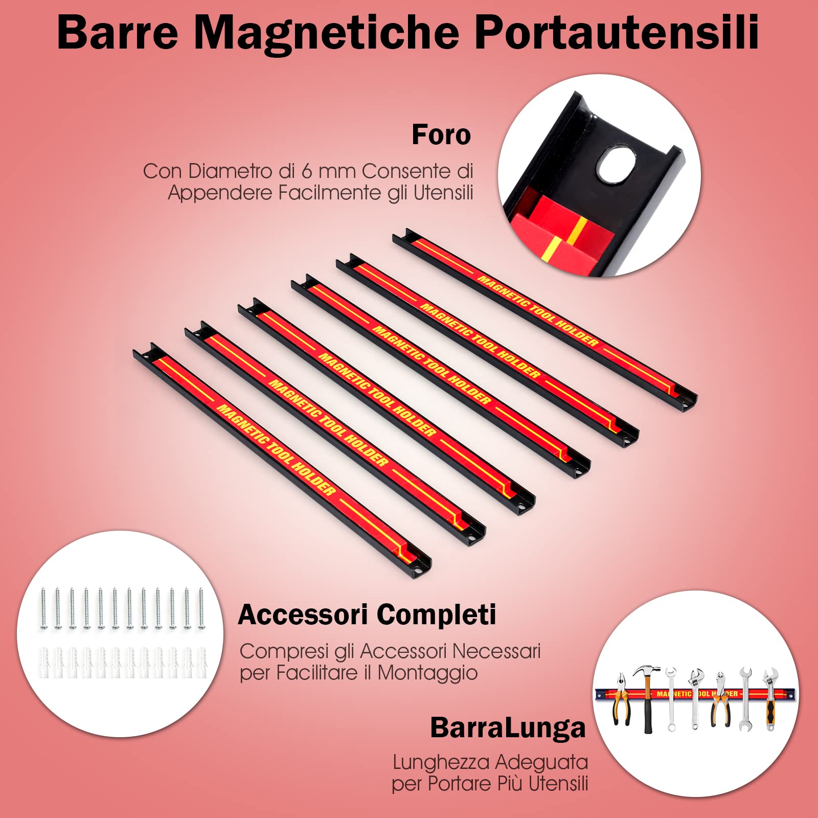 GYMAX Set 6pz Barra Magnetica Portautensili di 46 cm, Rastrelliere da Muro, Scaffale Organizzatore per Atrezzi, Portata di 6x10 kg, Accessori per Meccanico Garage Officina, Rosso