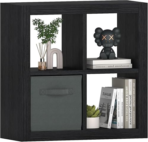 Miniatura 40 de Estantería con contenedores de almacenamiento, organizador de almacenamiento de 9 cubos, estantería de madera resistente, estante abierto para Roble