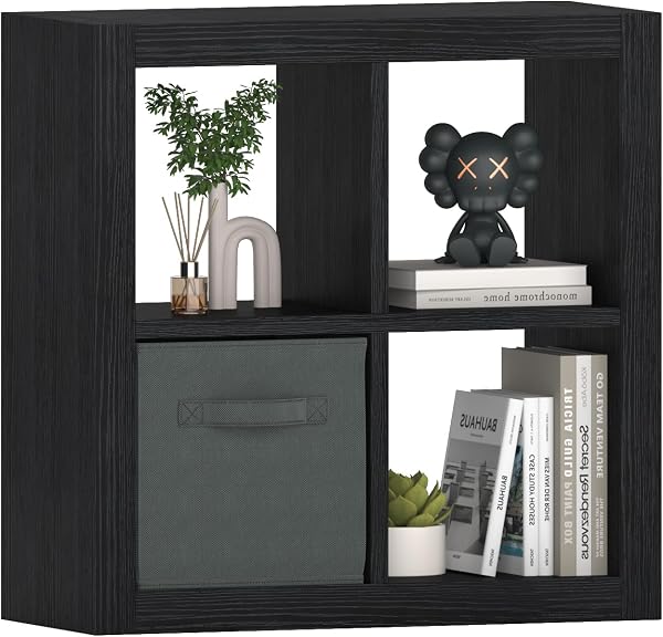 furtble Bookshelf with Storage Bins, Cube Storage Organizer with Back Panels, Modern Wood Bookcase, Multifunctional Disp